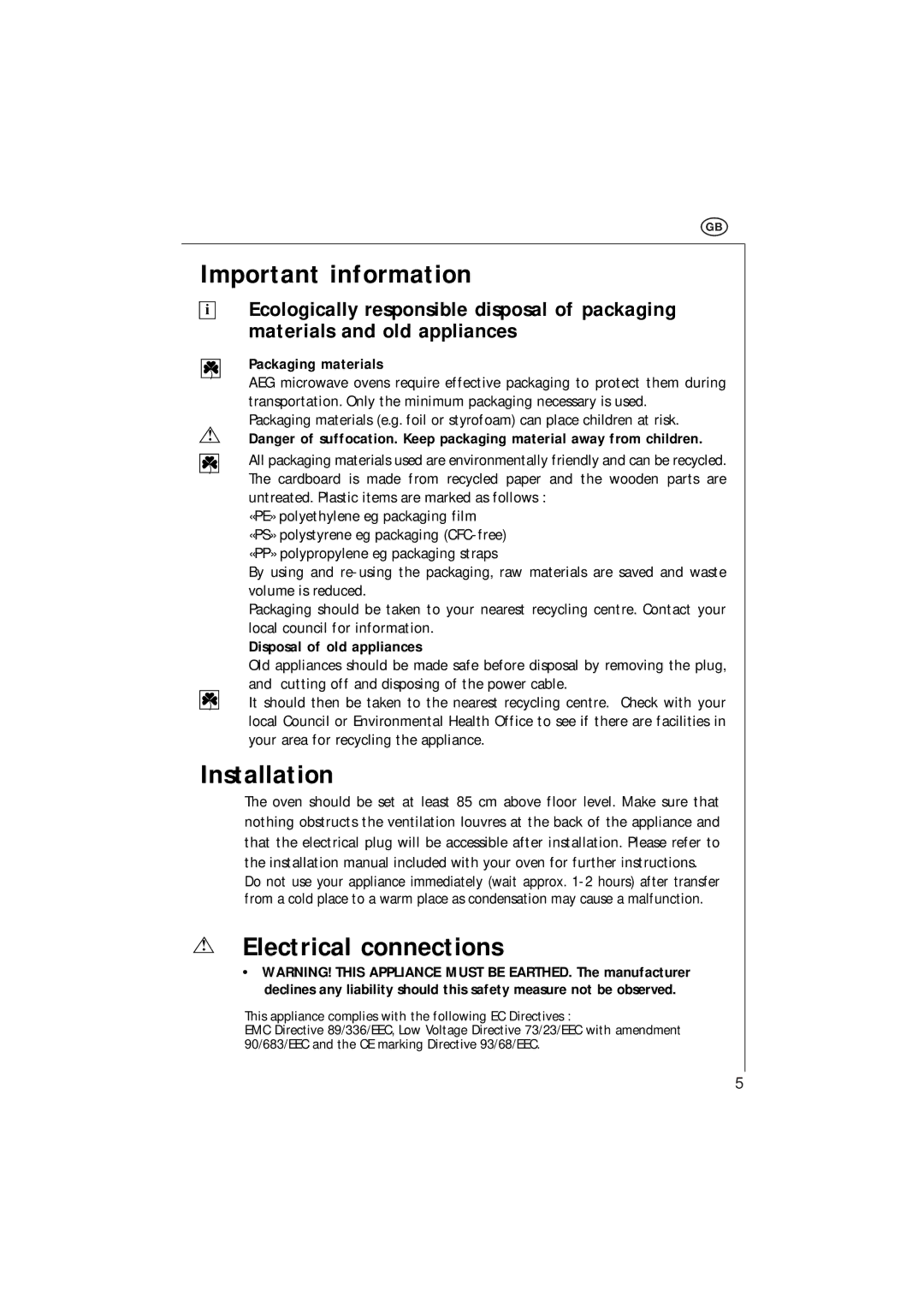 Electrolux MCC 663 instruction manual Important information, Installation, Electrical connections, Packaging materials 