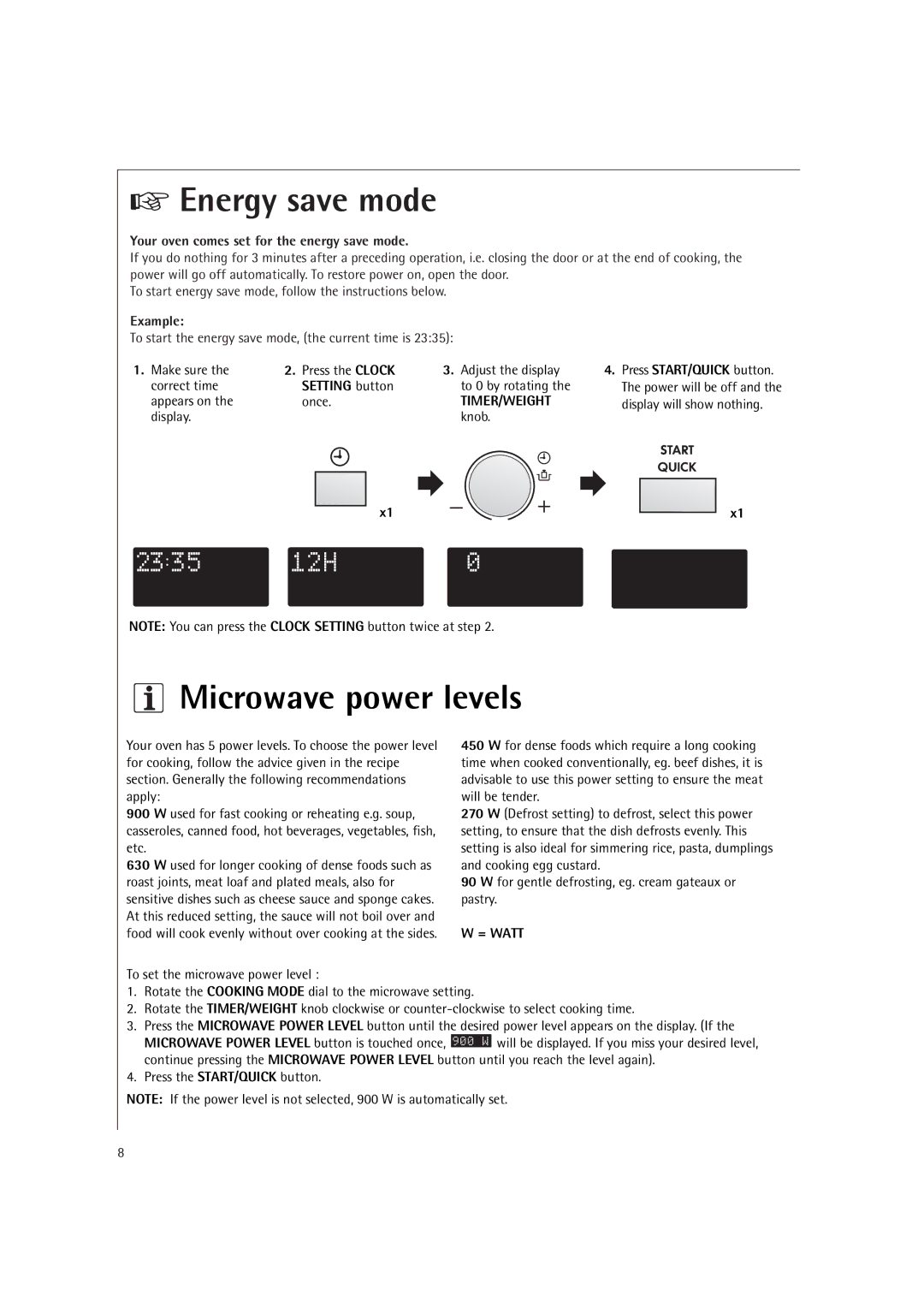 Electrolux MCC4060E Energy save mode, Microwave power levels, Your oven comes set for the energy save mode, Timer/Weight 