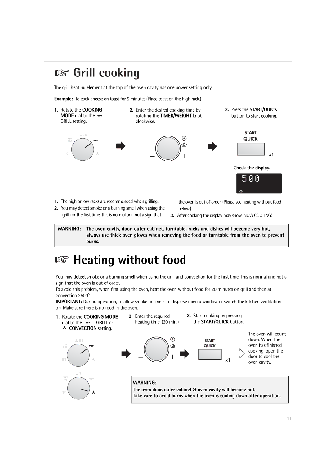 Electrolux MCC4060E operating instructions Grill cooking, Heating without food, Rotate the Cooking Mode, Convection setting 