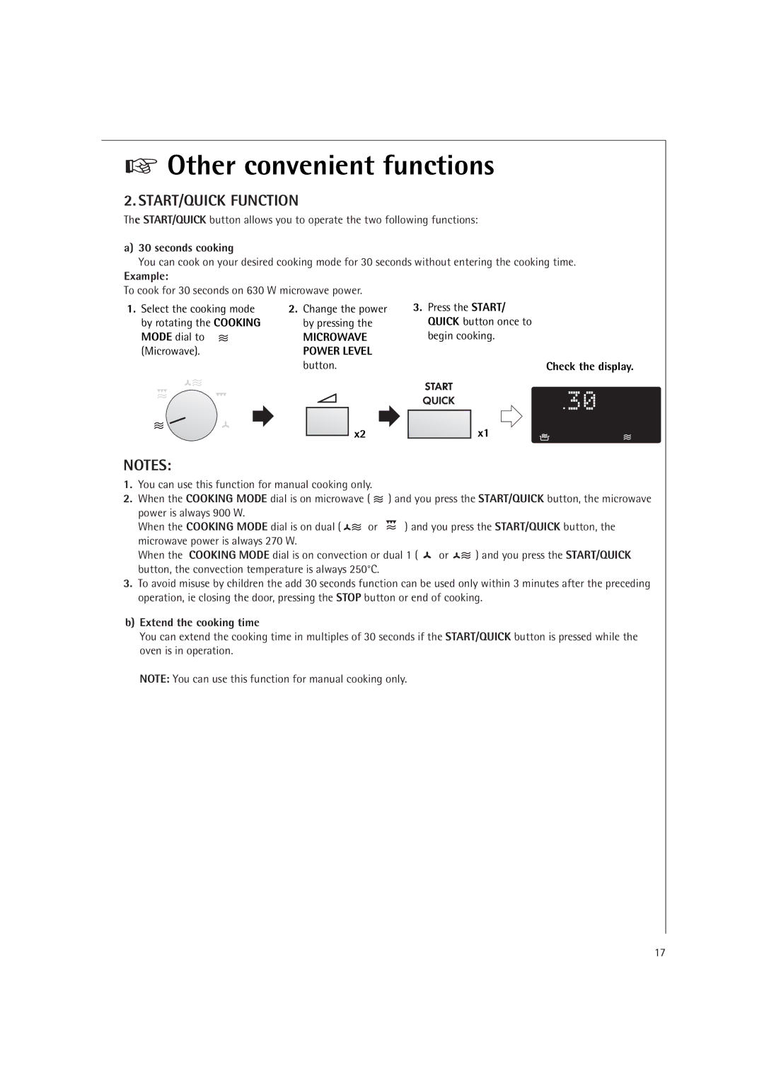 Electrolux MCC4060E operating instructions Seconds cooking, Microwave, Power Level, Extend the cooking time 