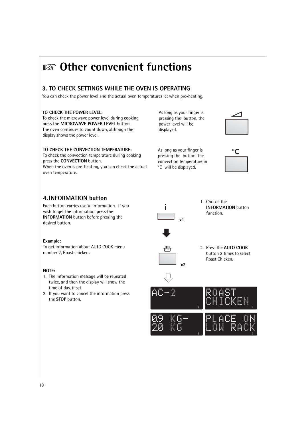 Electrolux MCC4060E Information button, To Check the Power Level, To Check the Convection Temperature 