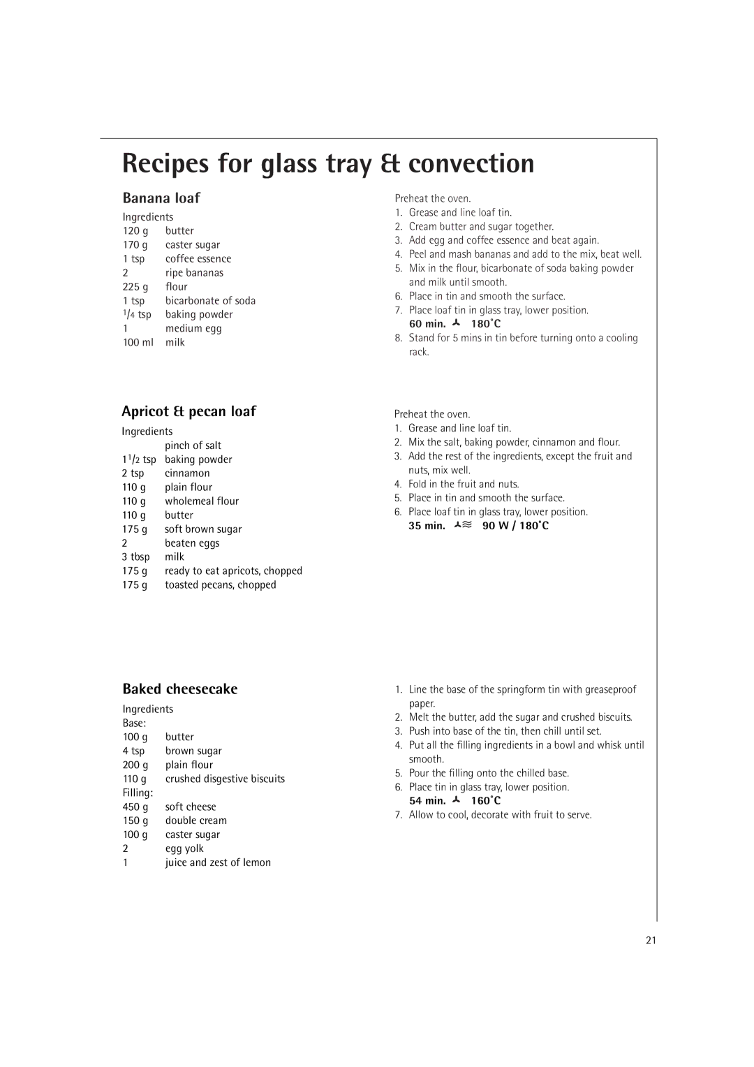 Electrolux MCC4060E Recipes for glass tray & convection, Banana loaf, Apricot & pecan loaf, Baked cheesecake, Min ˚C 