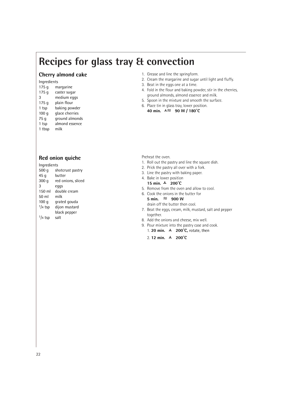 Electrolux MCC4060E Cherry almond cake, Red onion quiche, Min W drain off the butter then cool, Min ˚C, rotate, then 
