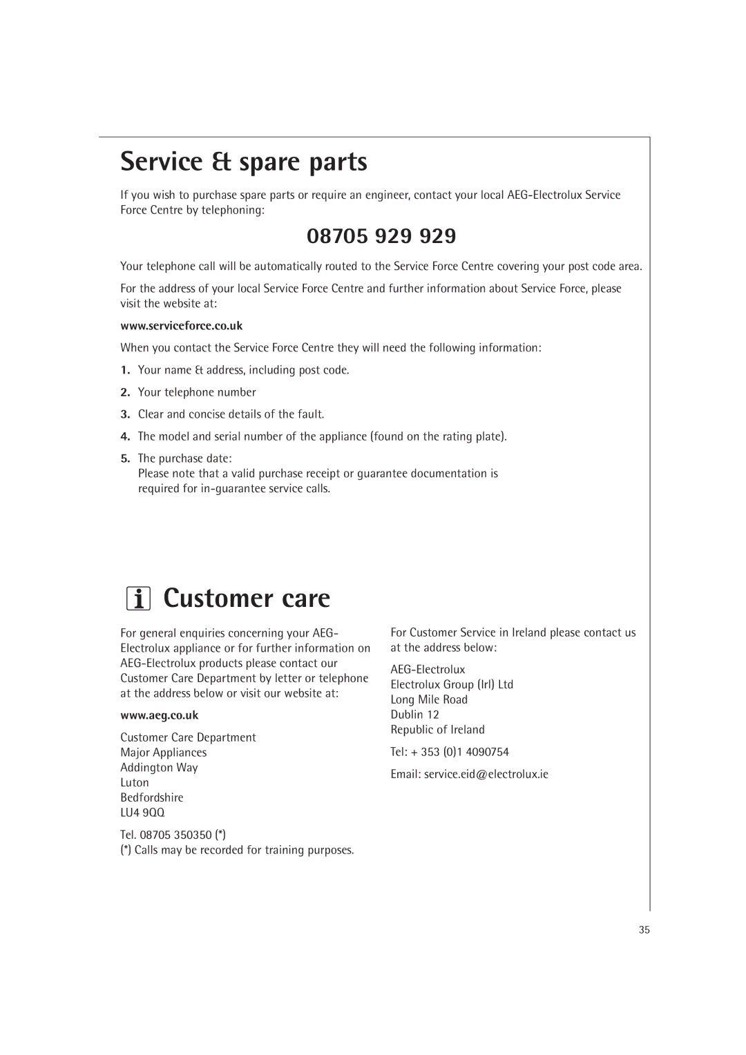 Electrolux MCC4060E operating instructions Service & spare parts, Customer care 