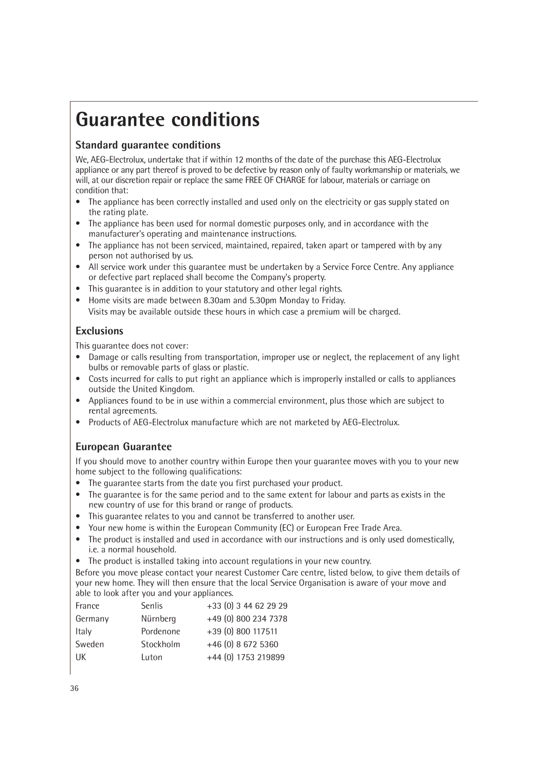 Electrolux MCC4060E Guarantee conditions, Standard guarantee conditions, Exclusions, European Guarantee 