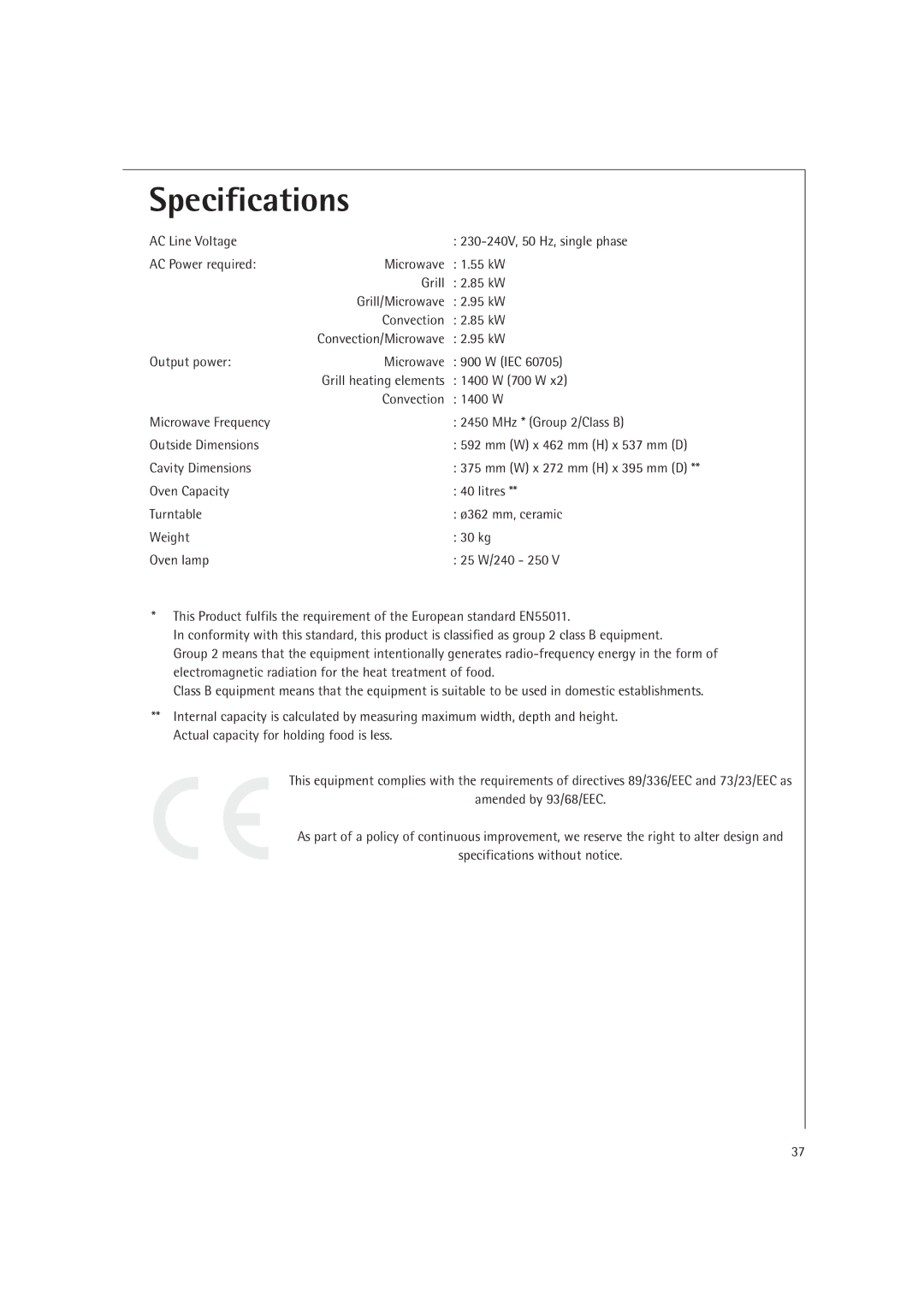 Electrolux MCC4060E operating instructions Specifications, Output power Microwave IEC, 1400 W 700 W, Cavity Dimensions 