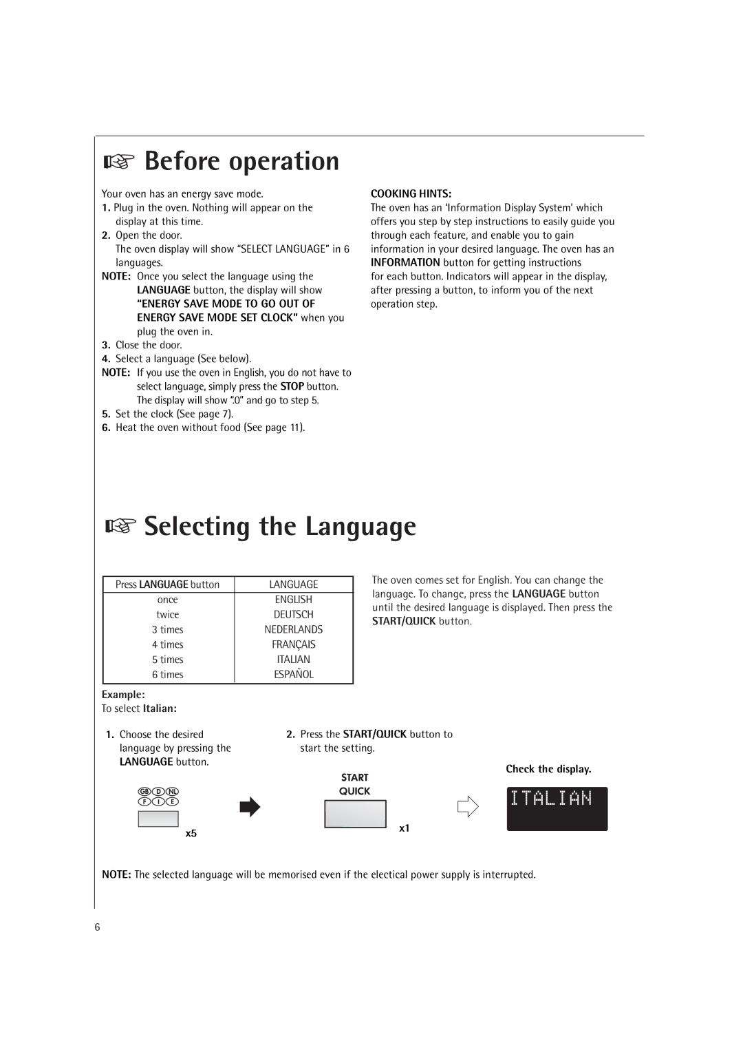 Electrolux MCC4060E Before operation, Selecting the Language, Cooking Hints, Example, Language button 