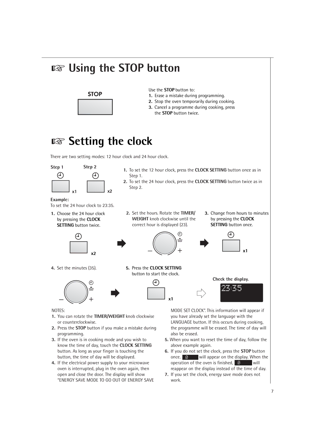 Electrolux MCC4060E operating instructions Using the Stop button, Setting the clock 