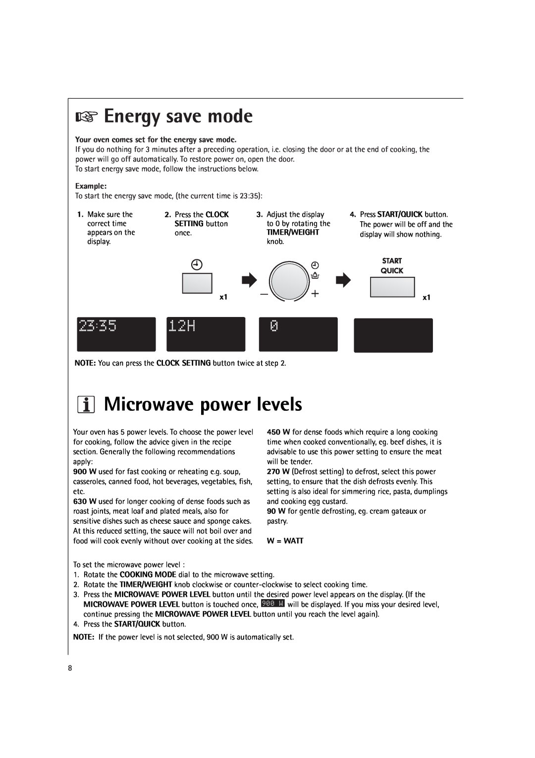 Electrolux MCC4060E Energy save mode, Microwave power levels, Your oven comes set for the energy save mode, Example 