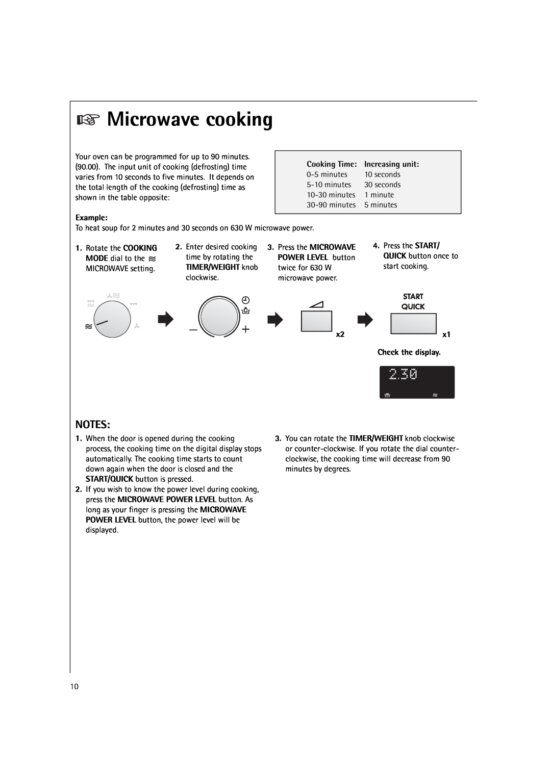 Electrolux MCC4060E Microwave cooking, Example, Cooking Time, Increasing unit, Press the MICROWAVE, POWER LEVEL button 