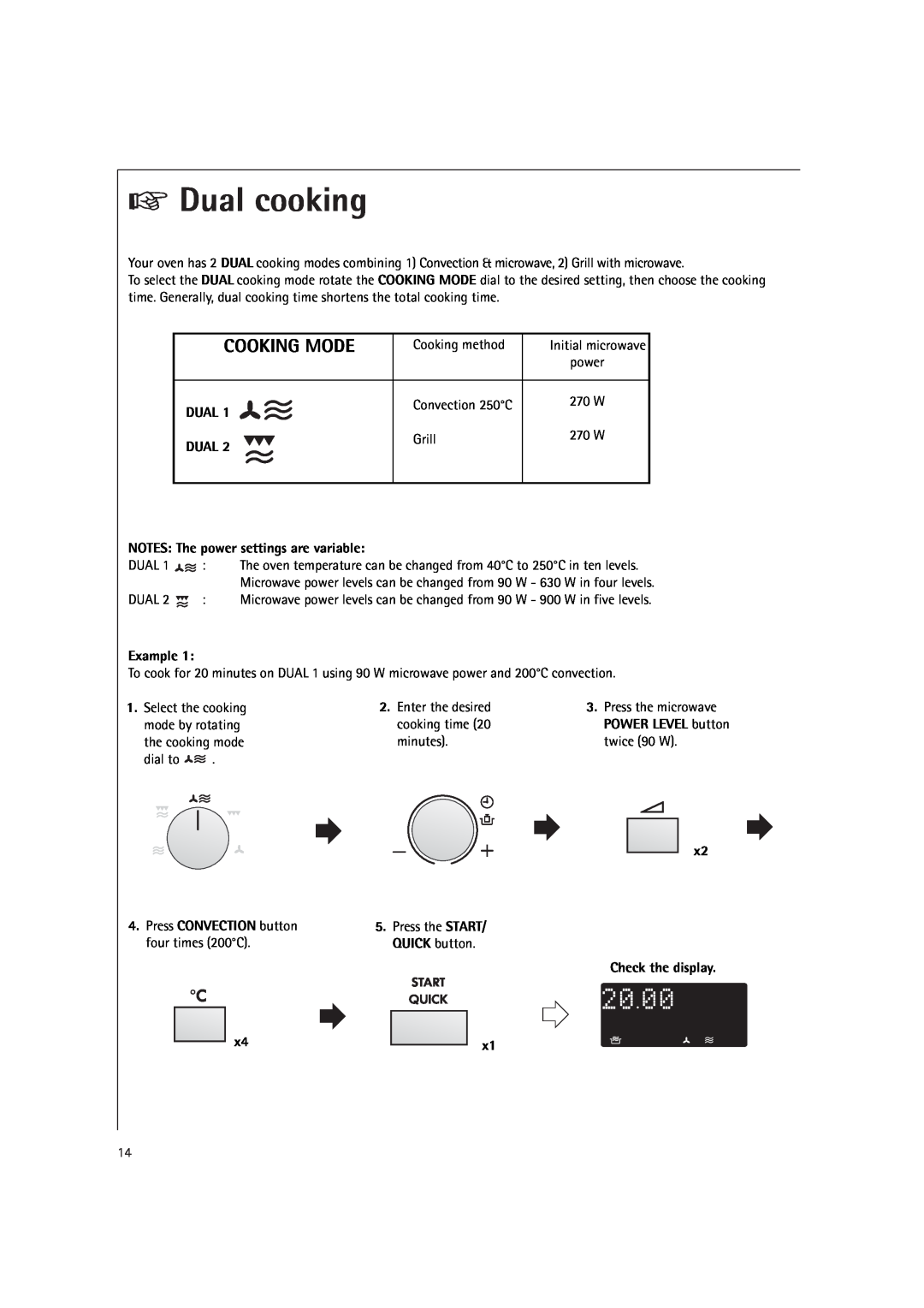 Electrolux MCC4060E Dual cooking, Cooking Mode, NOTES The power settings are variable, Example, Press CONVECTION button 