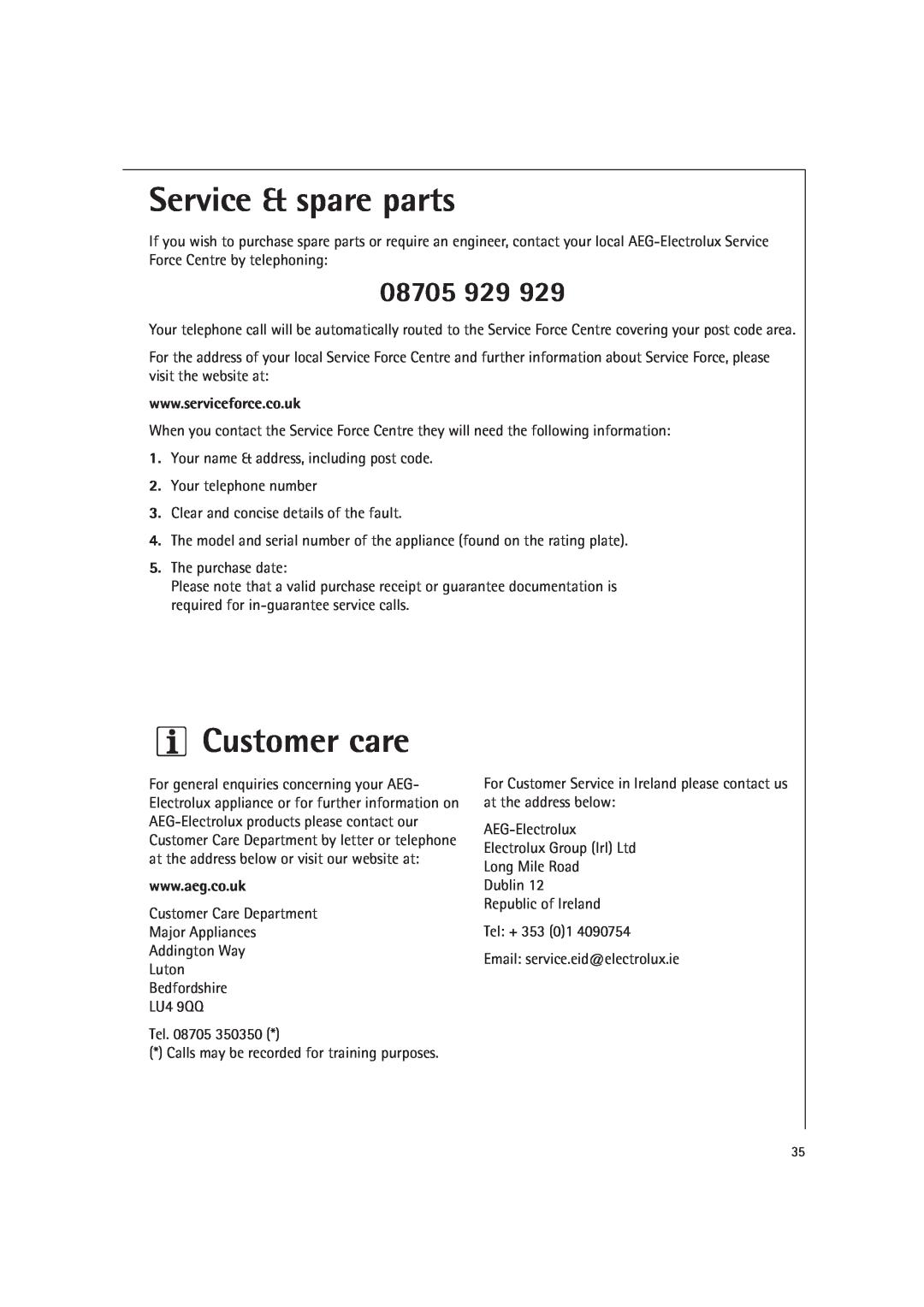 Electrolux MCC4060E operating instructions Service & spare parts, Customer care, 08705 929 