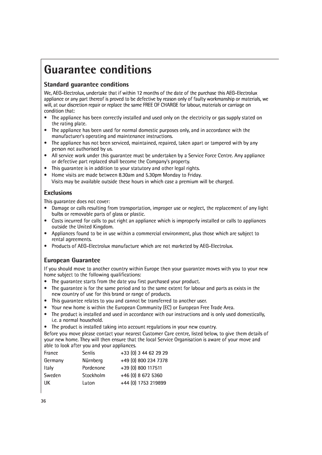 Electrolux MCC4060E Guarantee conditions, Standard guarantee conditions, Exclusions, European Guarantee 
