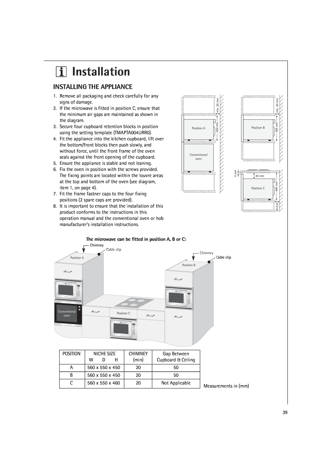 Electrolux MCC4060E Installation, Installing The Appliance, The microwave can be fitted in position A, B or C 