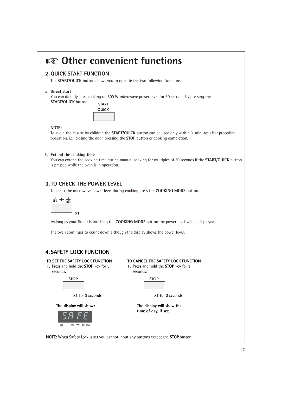 Electrolux MCD1761E, MCD1751E operating instructions Safety Lock Function, Direct start, Extend the cooking time 