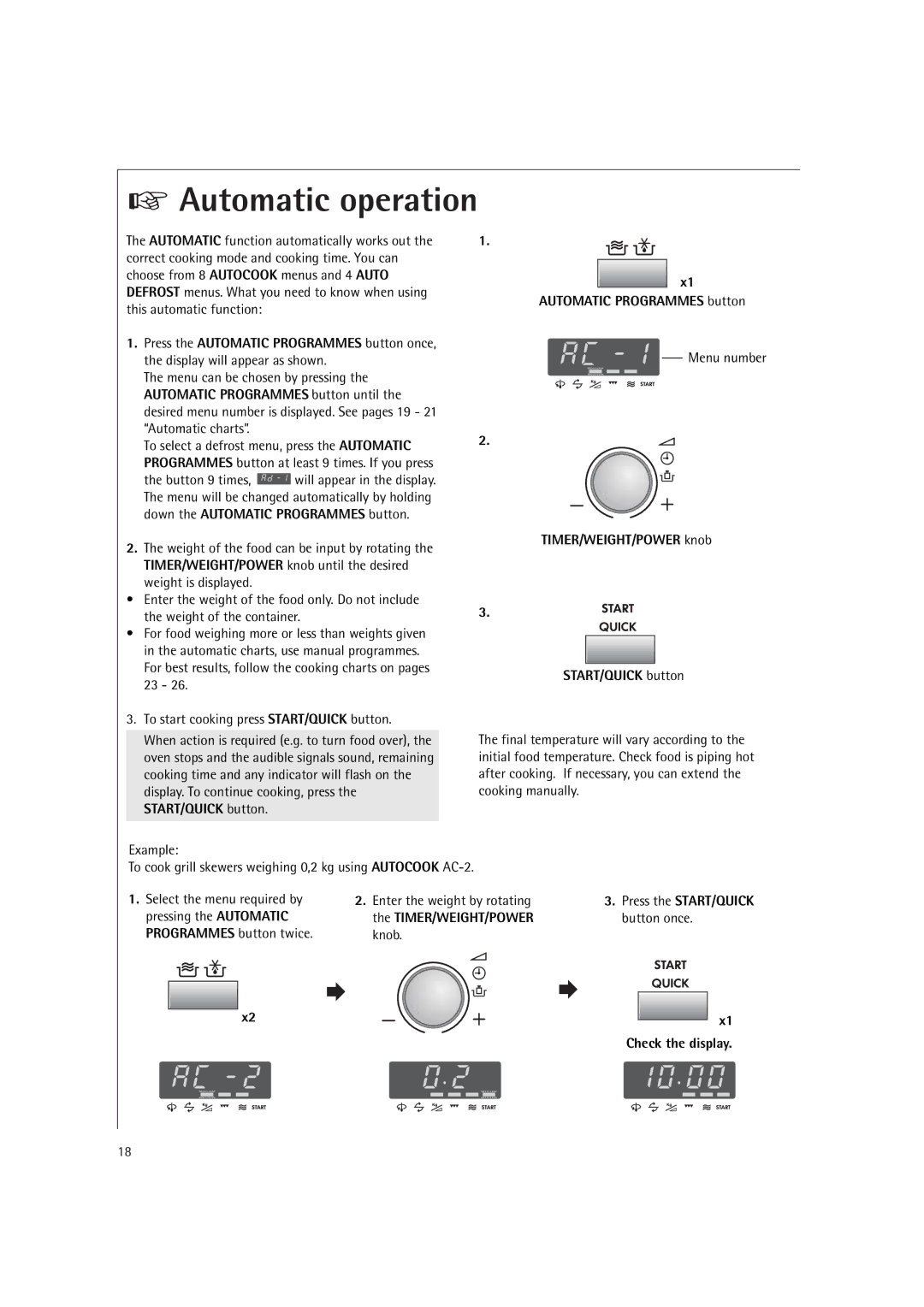 Electrolux MCD1751E, MCD1761E Automatic operation, TIMER/WEIGHT/POWER knob START/QUICK button, Timer/Weight/Power 