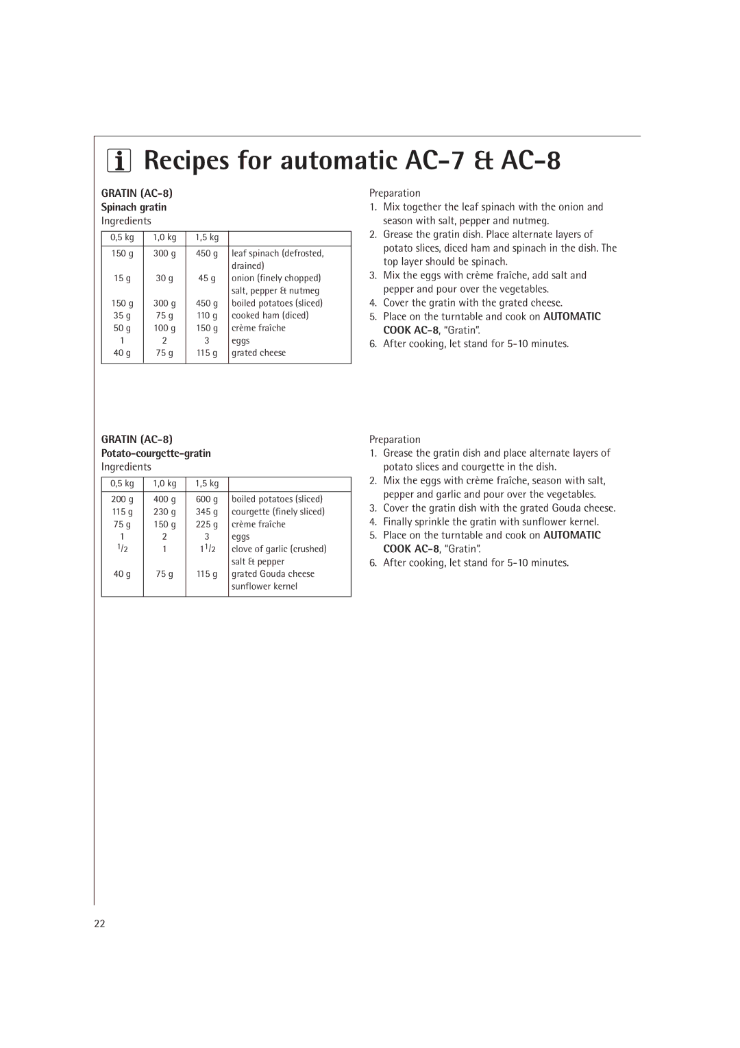 Electrolux MCD1751E, MCD1761E operating instructions Spinach gratin, Potato-courgette-gratin, Preparation 