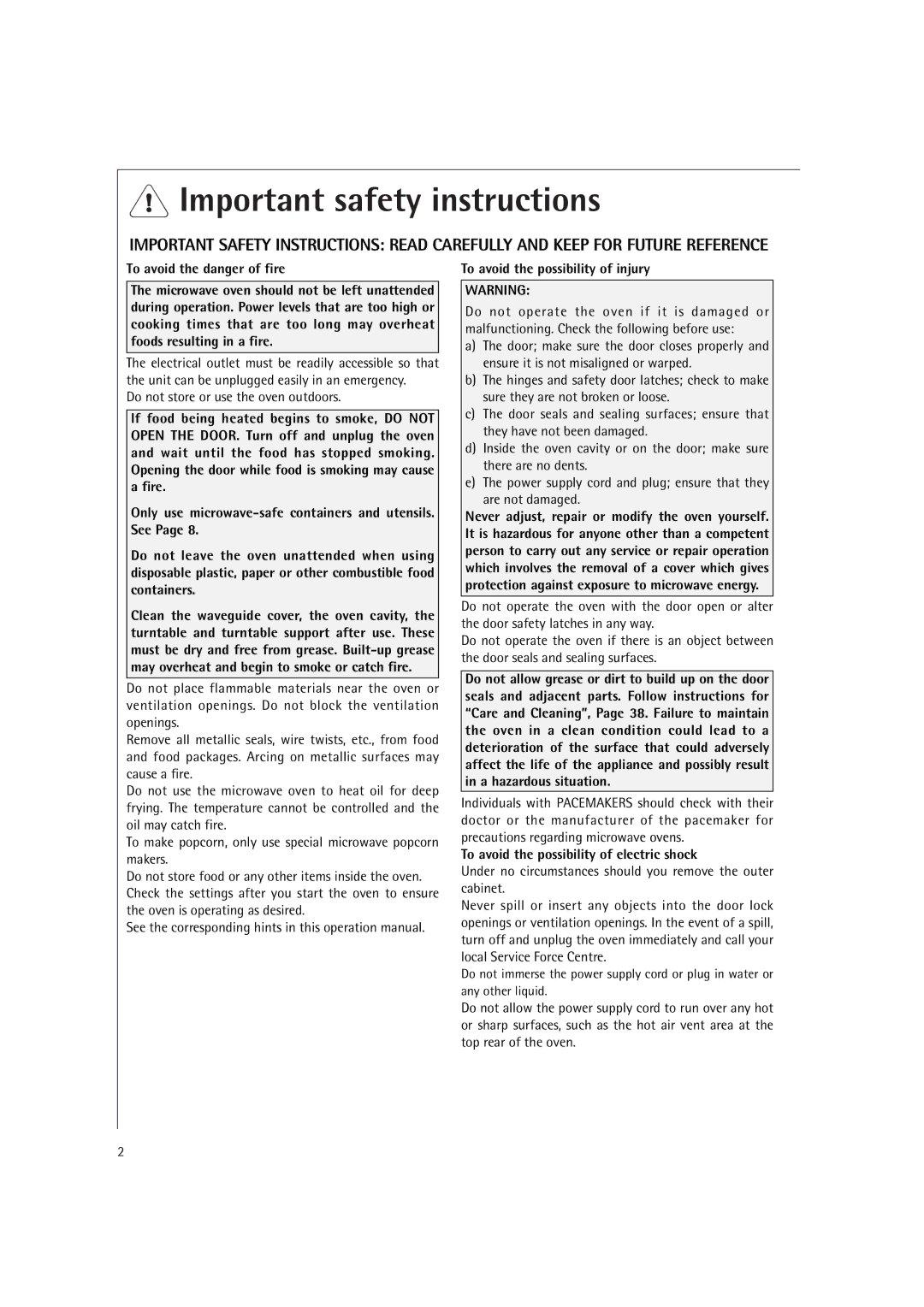 Electrolux MCD1751E, MCD1761E operating instructions Important safety instructions, To avoid the possibility of injury 