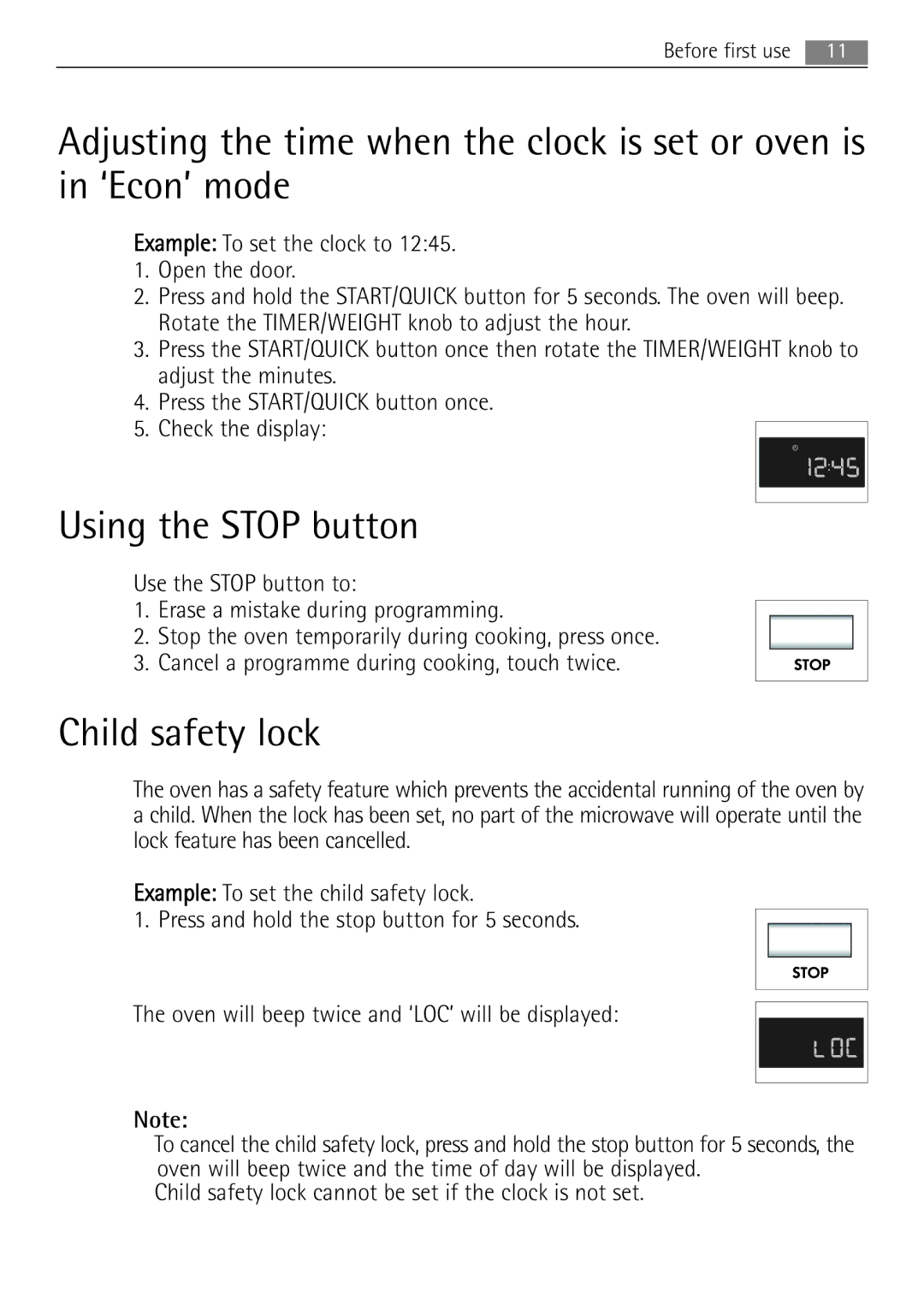 Electrolux MCD1752E, MCD1762E Using the Stop button, Child safety lock, Example To set the clock to Open the door 