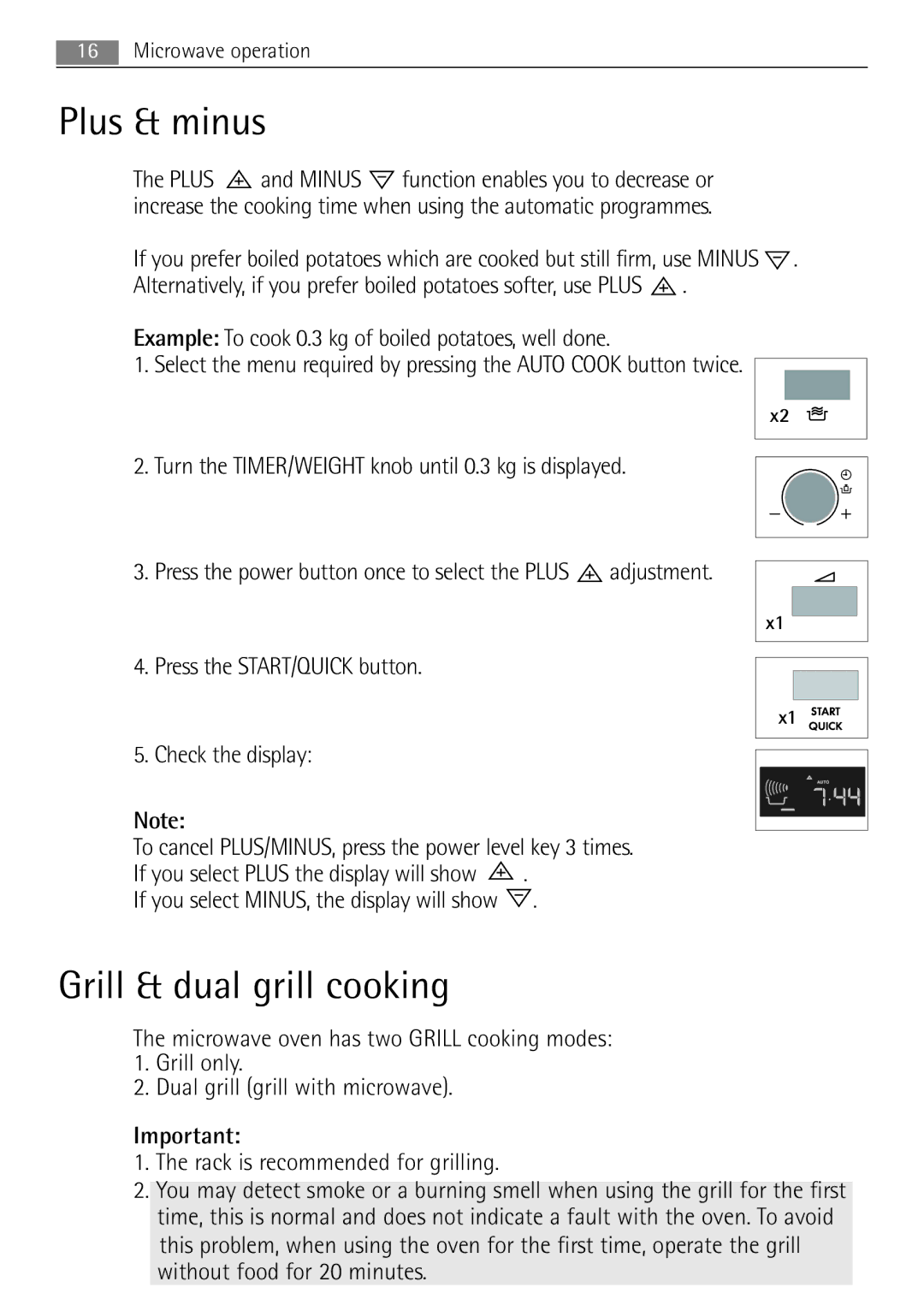 Electrolux MCD1762E Plus & minus, Grill & dual grill cooking, Press the power button once to select the Plus adjustment 