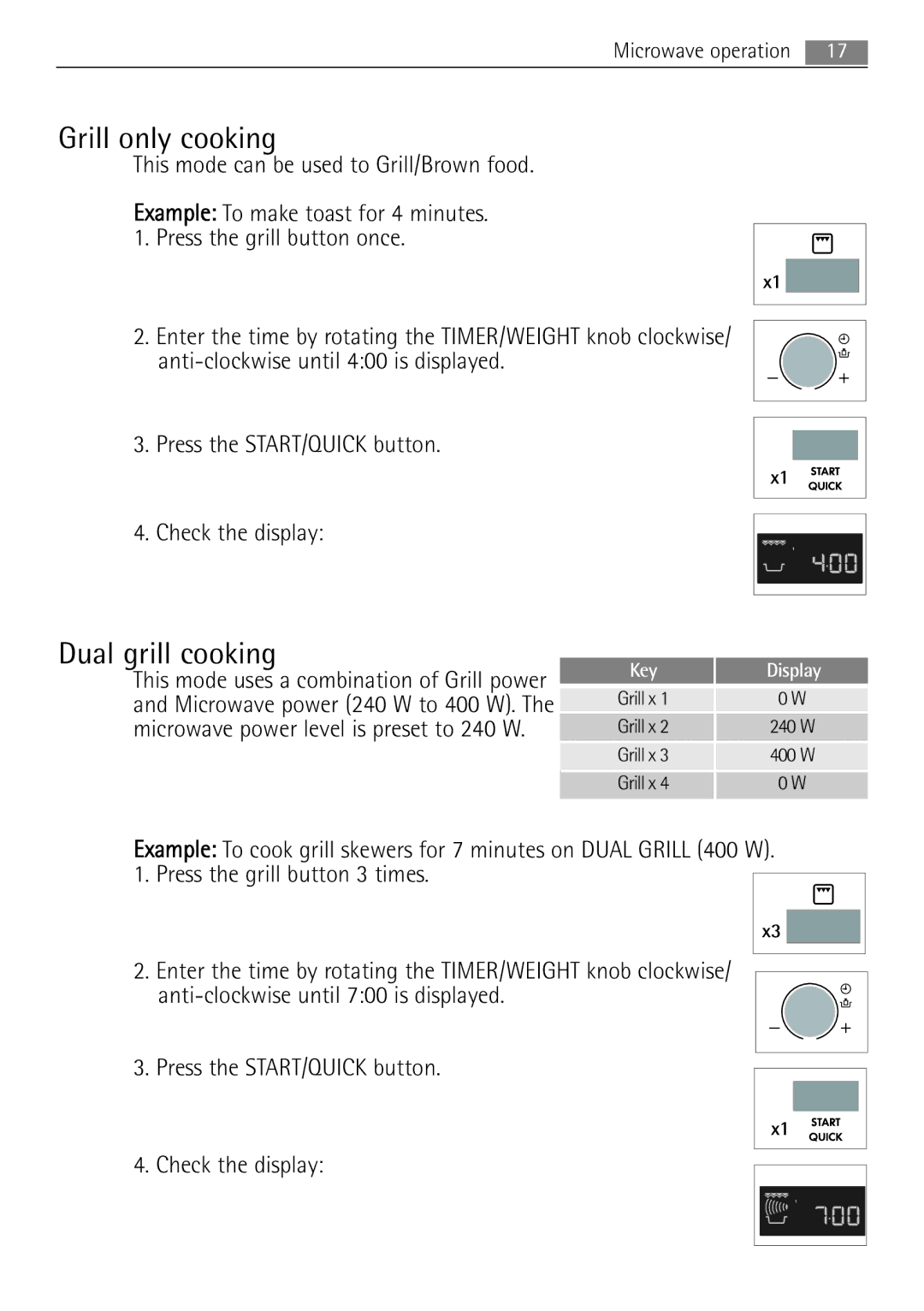 Electrolux MCD1752E Grill only cooking, Dual grill cooking, This mode can be used to Grill/Brown food, Key Display 