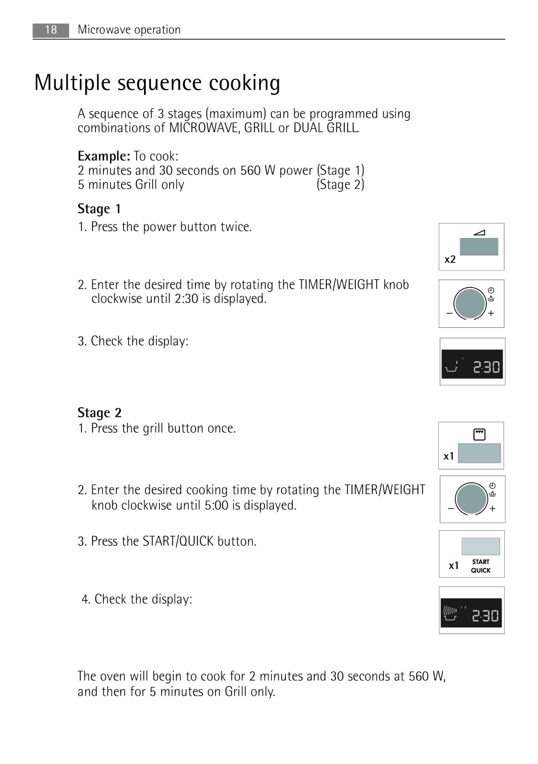 Electrolux MCD1762E, MCD1752E Multiple sequence cooking, Press the power button twice, Press the grill button once, Stage 