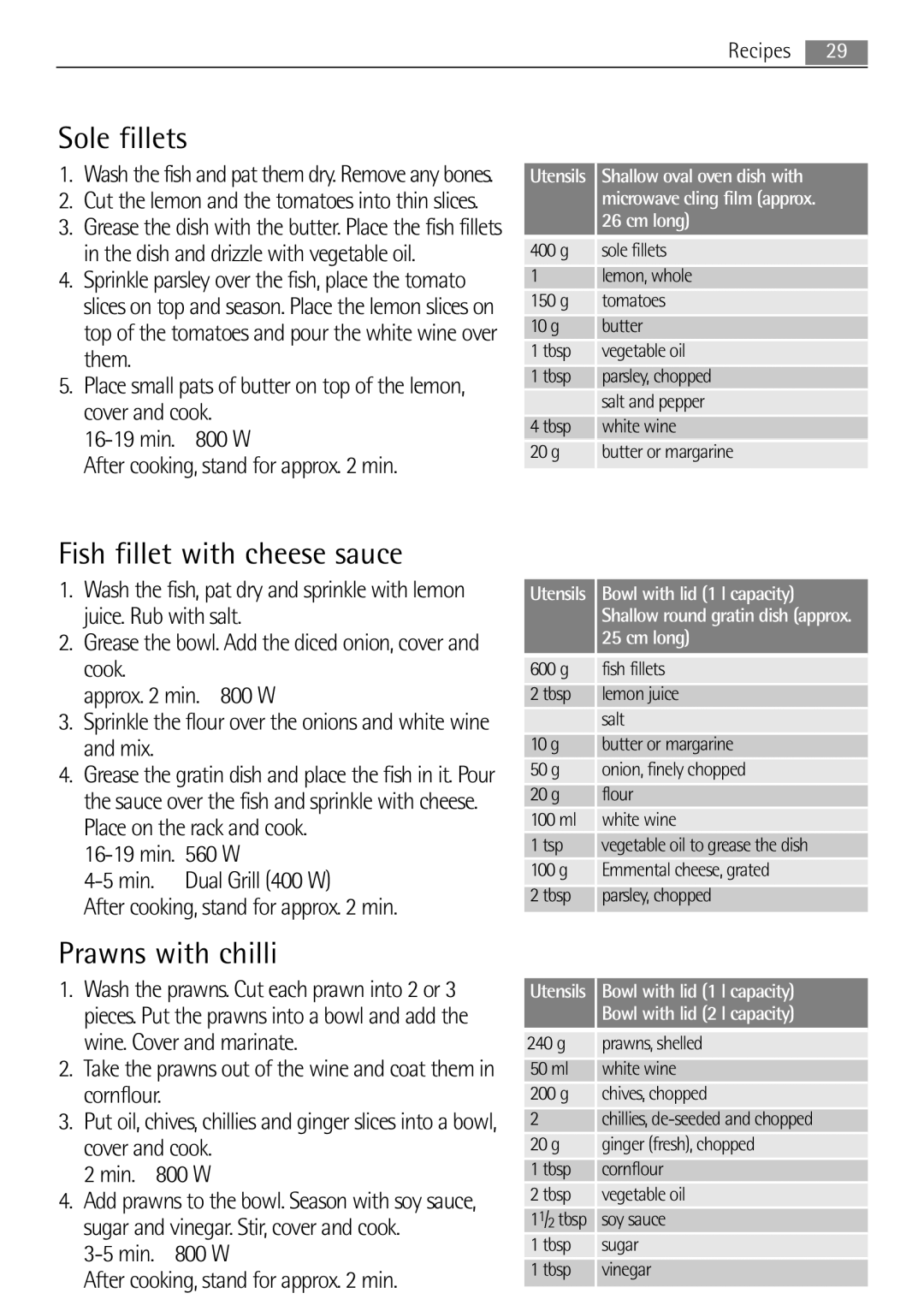 Electrolux MCD1752E, MCD1762E user manual Sole fillets, Fish fillet with cheese sauce, Prawns with chilli 