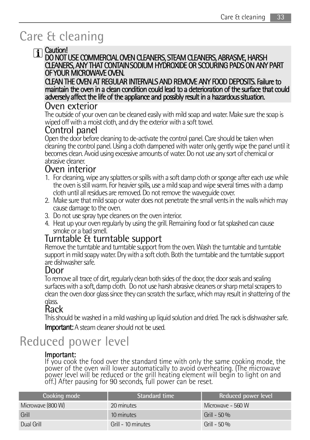 Electrolux MCD1752E, MCD1762E user manual Care & cleaning, Reduced power level 