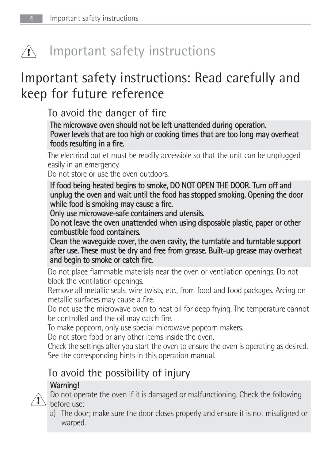 Electrolux MCD1762E Important safety instructions, To avoid the danger of fire, To avoid the possibility of injury 