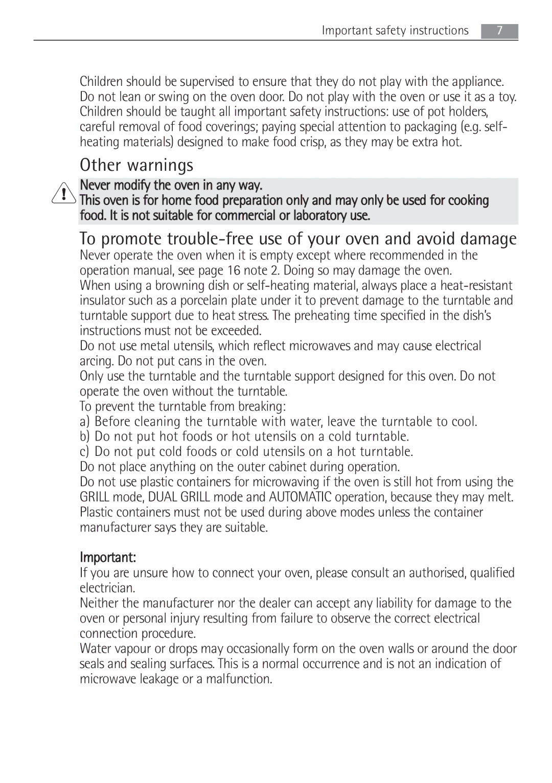 Electrolux MCD1752E, MCD1762E user manual Other warnings, Never modify the oven in any way 