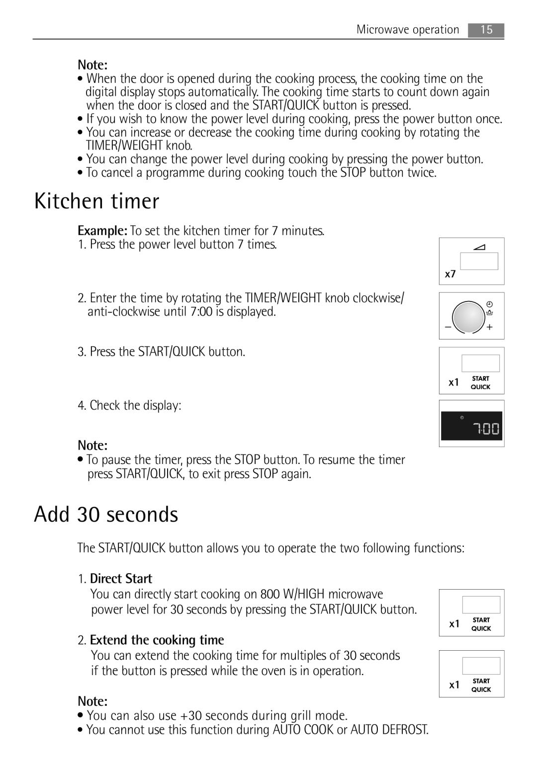 Electrolux MCD1752E, MCD1762E user manual Kitchen timer, Add 30 seconds, Direct Start, Extend the cooking time 