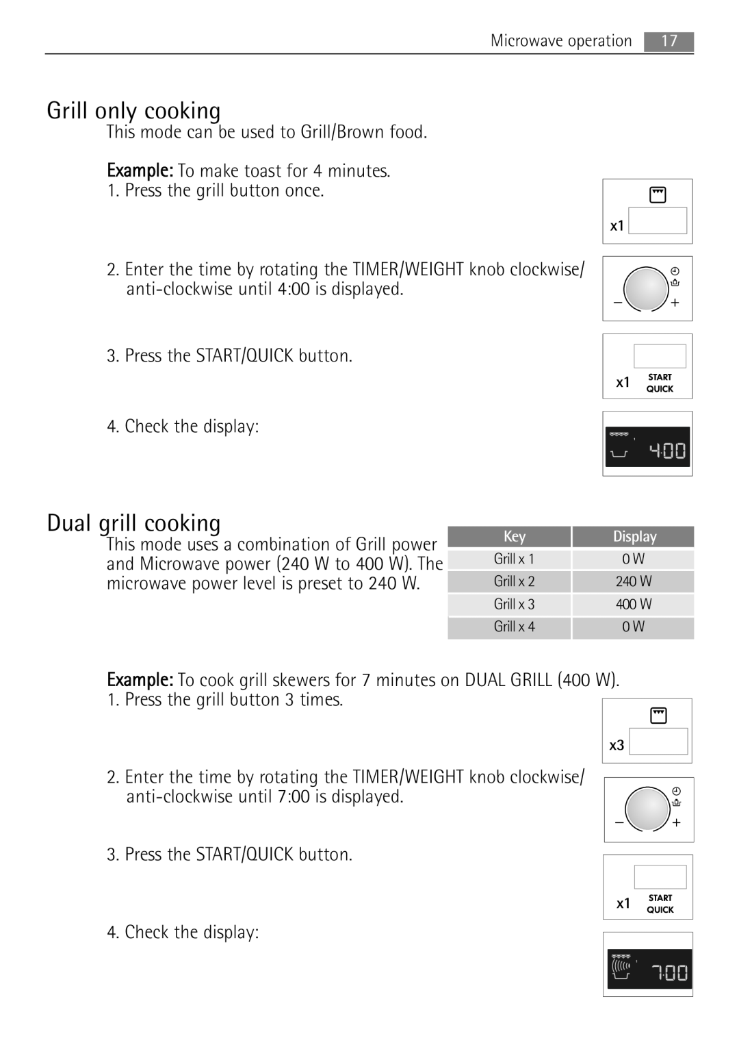 Electrolux MCD1752E, MCD1762E user manual Grill only cooking, Dual grill cooking, Display 