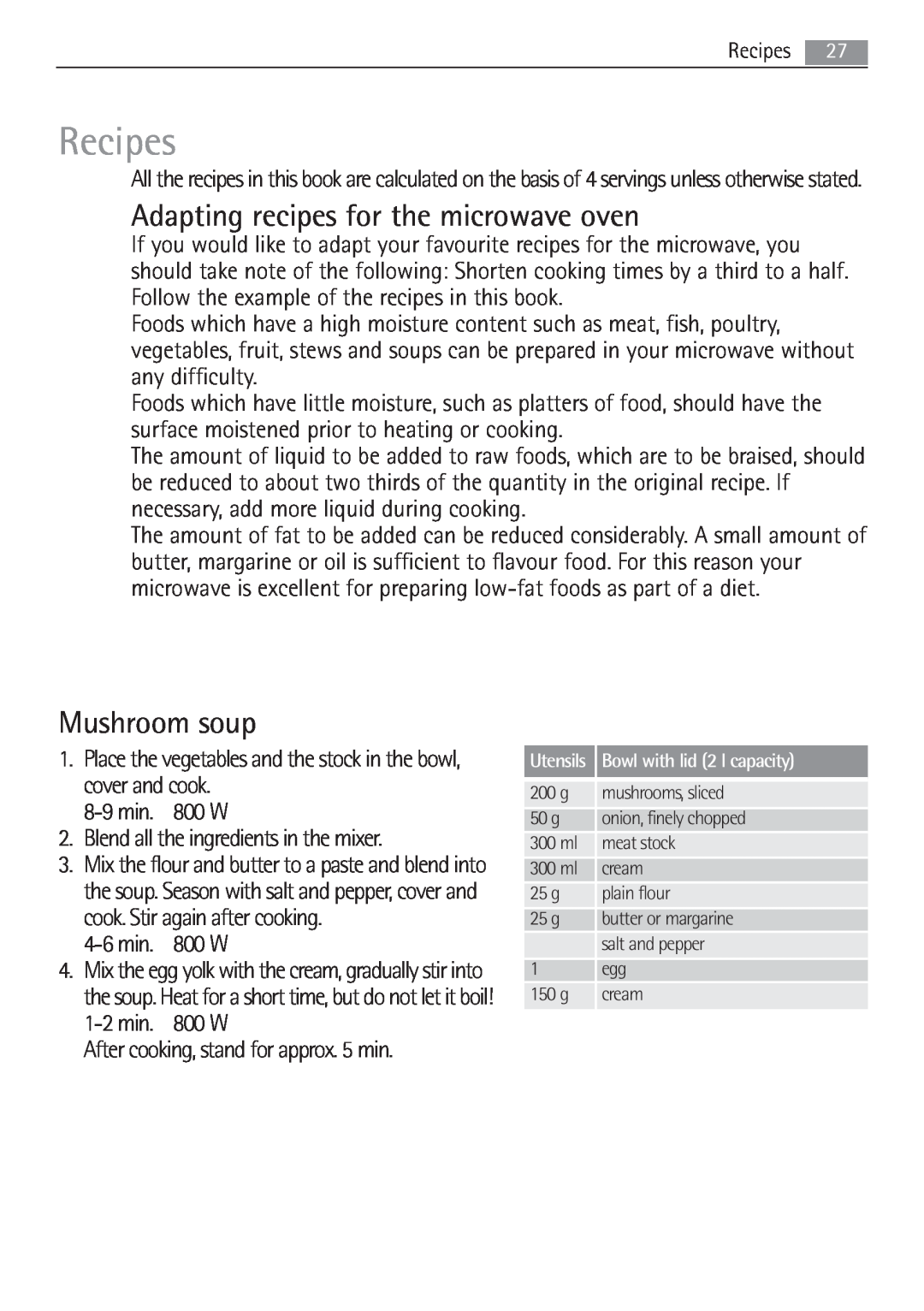 Electrolux MCD1752E, MCD1762E user manual Recipes, Adapting recipes for the microwave oven, Mushroom soup 