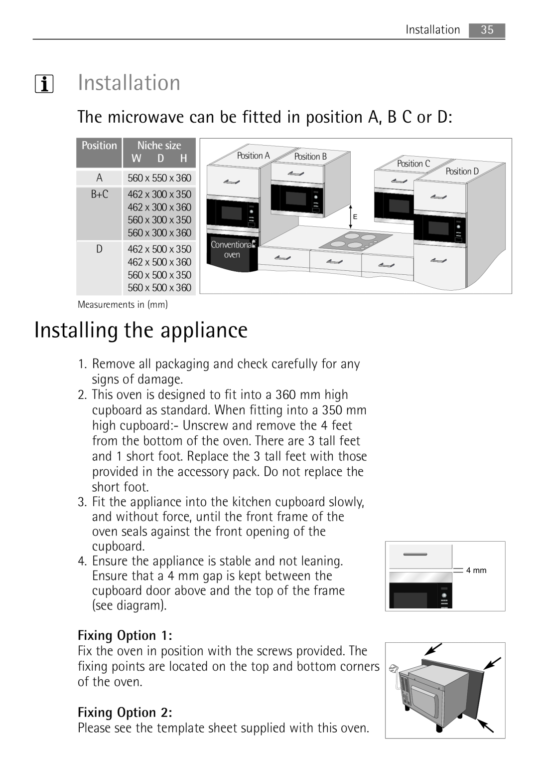 Electrolux MCD1752E, MCD1762E Installation, Installing the appliance, The microwave can be fitted in position A, B C or D 