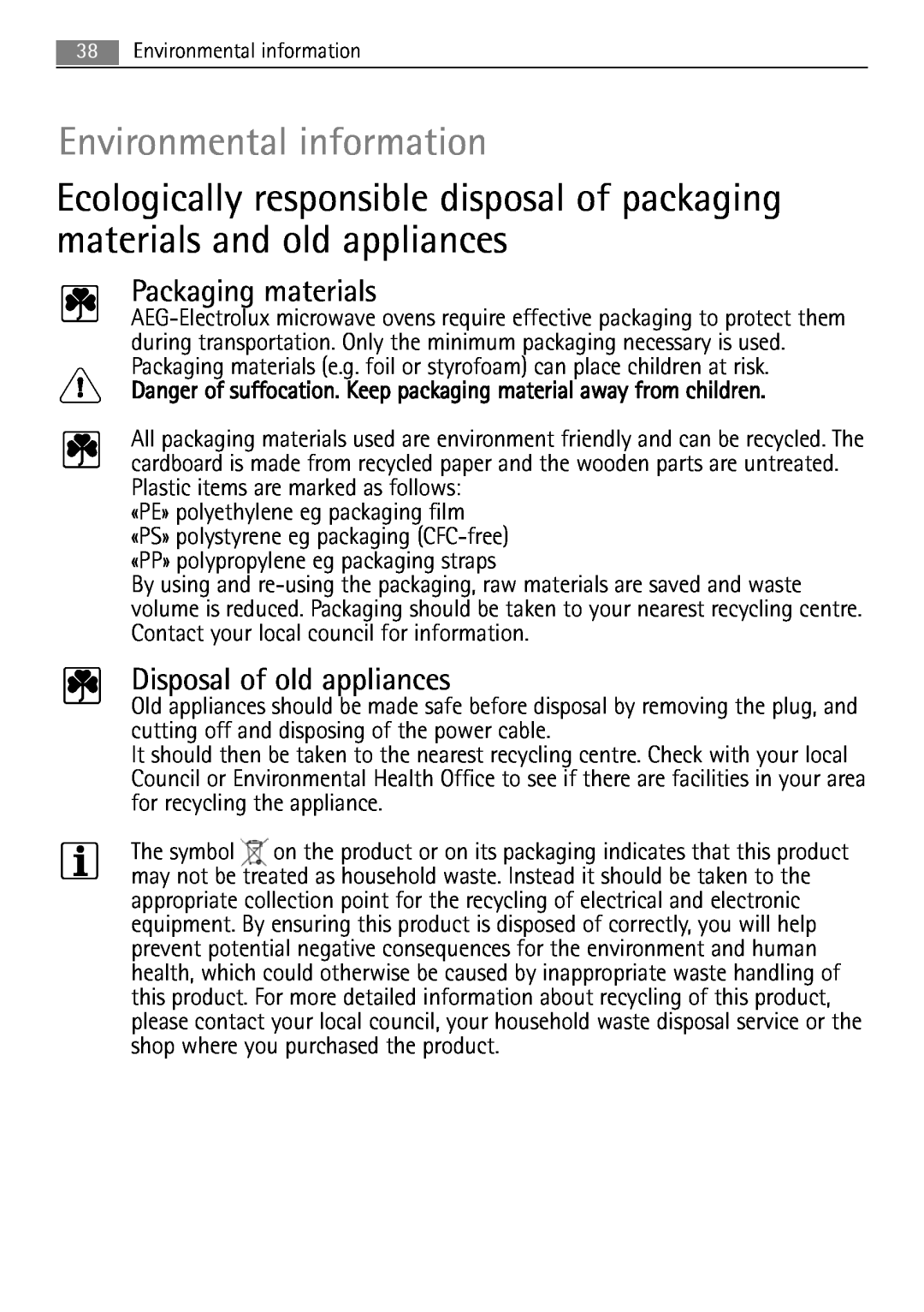 Electrolux MCD1762E, MCD1752E user manual Environmental information, Packaging materials, Disposal of old appliances 