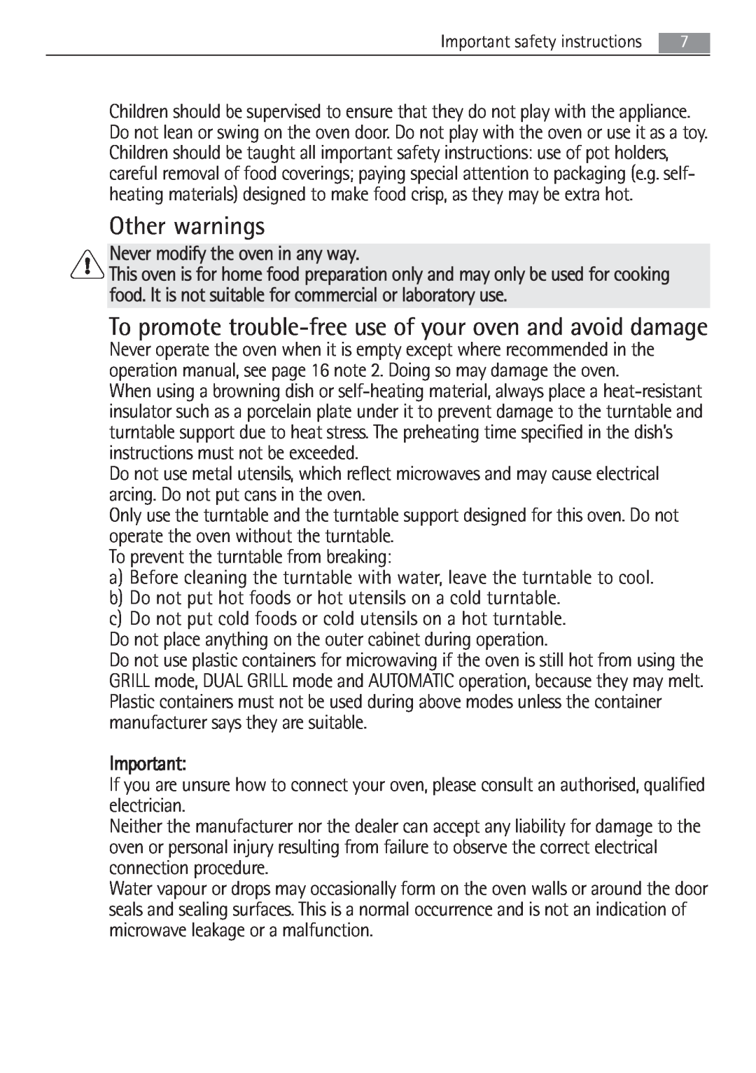 Electrolux MCD1752E, MCD1762E user manual Other warnings, To promote trouble-free use of your oven and avoid damage 