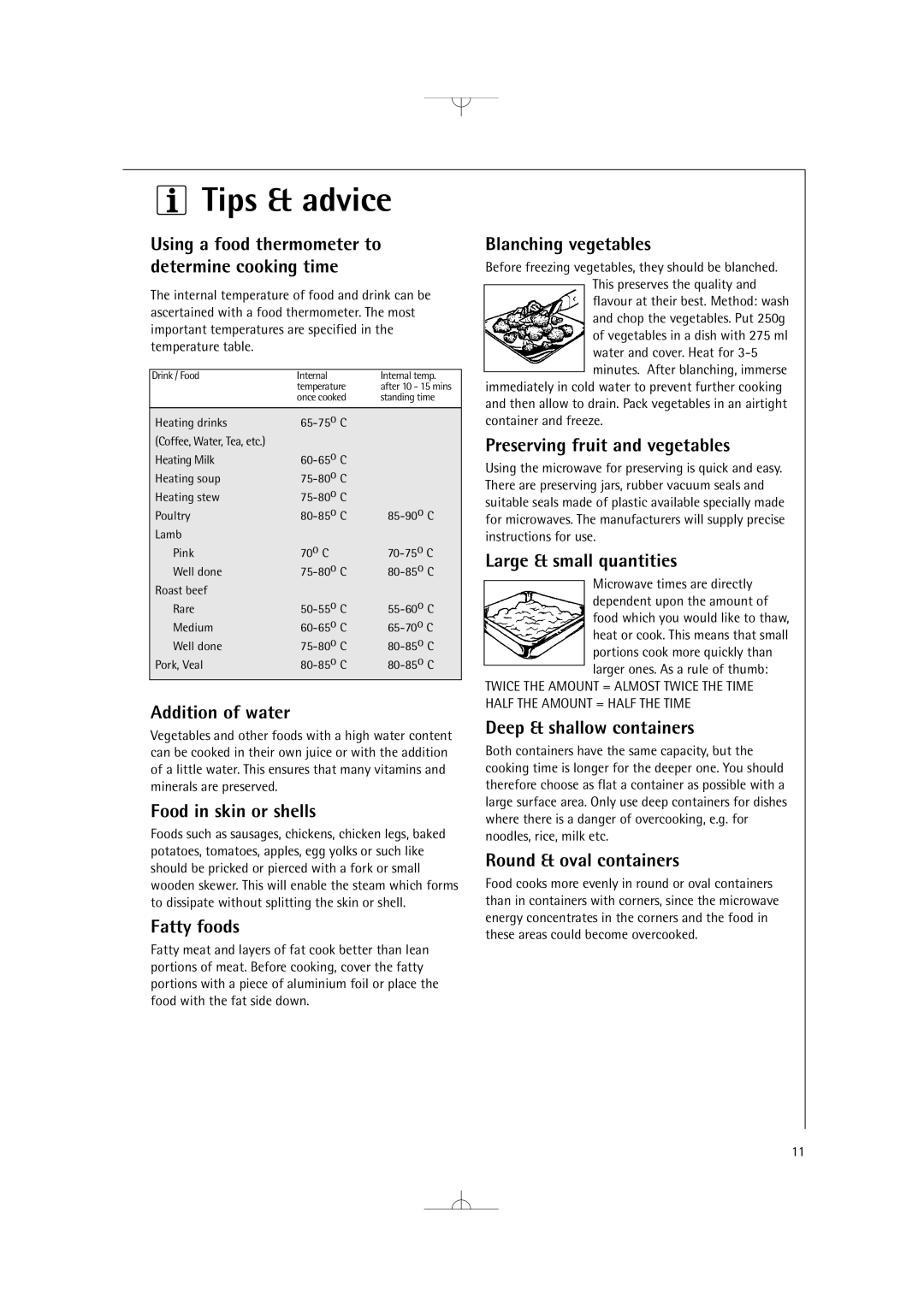 Electrolux MCD2660E manual Using a food thermometer to determine cooking time, Addition of water, Food in skin or shells 