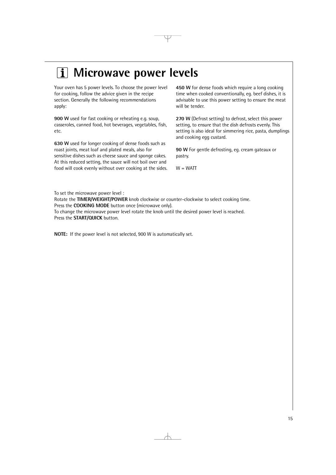 Electrolux MCD2660E manual Microwave power levels, = Watt 