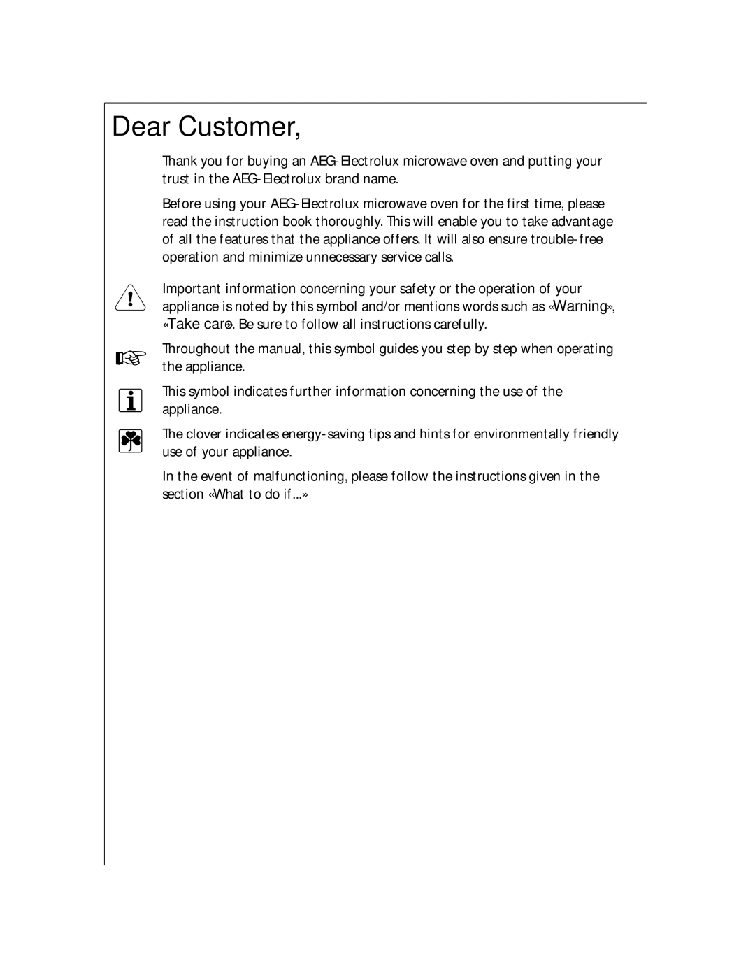 Electrolux MCD2660E manual Dear Customer 