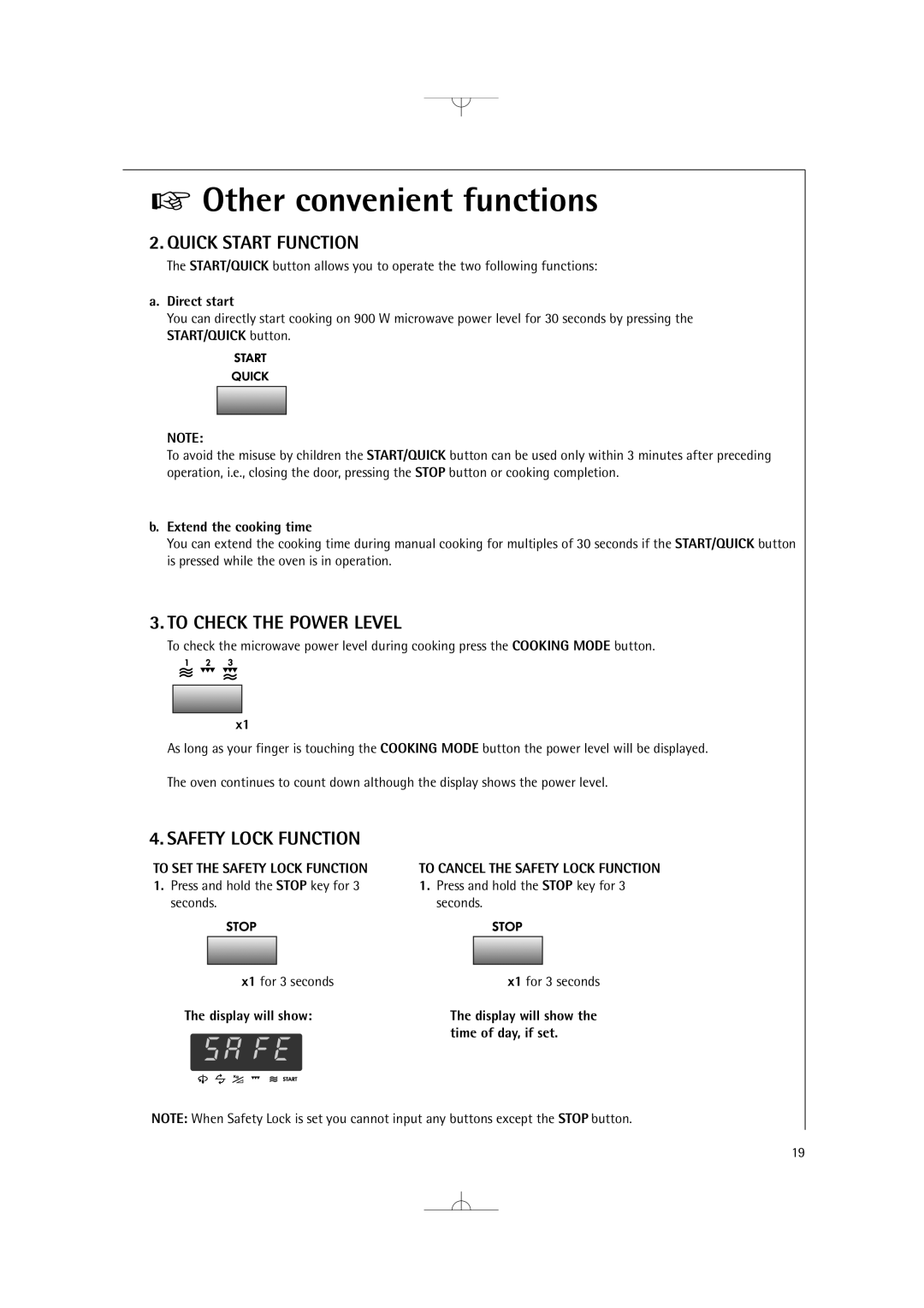 Electrolux MCD2660E manual Quick Start Function, To Check the Power Level, To SET the Safety Lock Function 