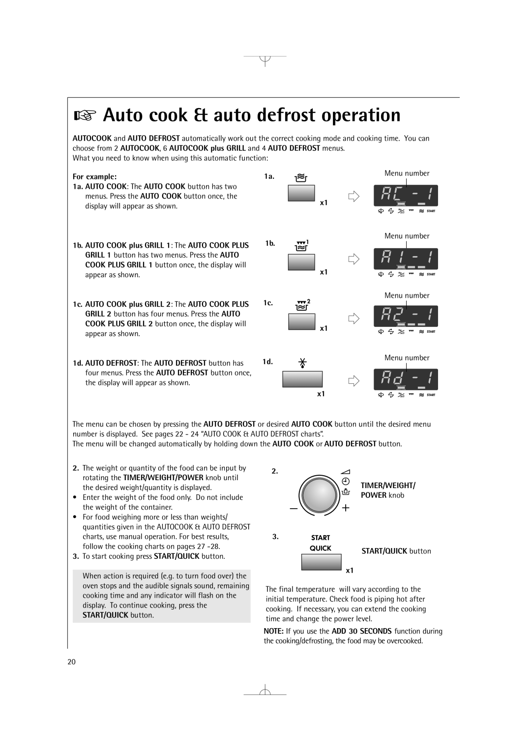 Electrolux MCD2660E manual Auto cook & auto defrost operation, Timer/Weight 