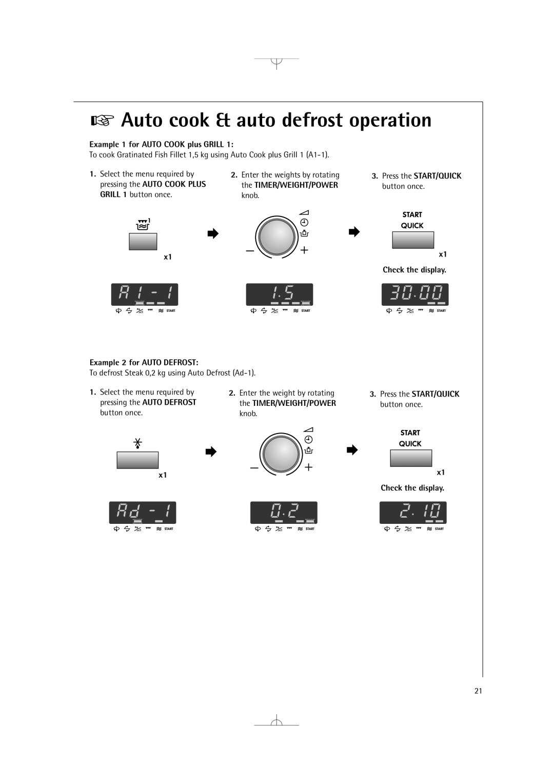 Electrolux MCD2660E manual Example 1 for Auto Cook plus Grill, Pressing the Auto Cook Plus, Example 2 for Auto Defrost 