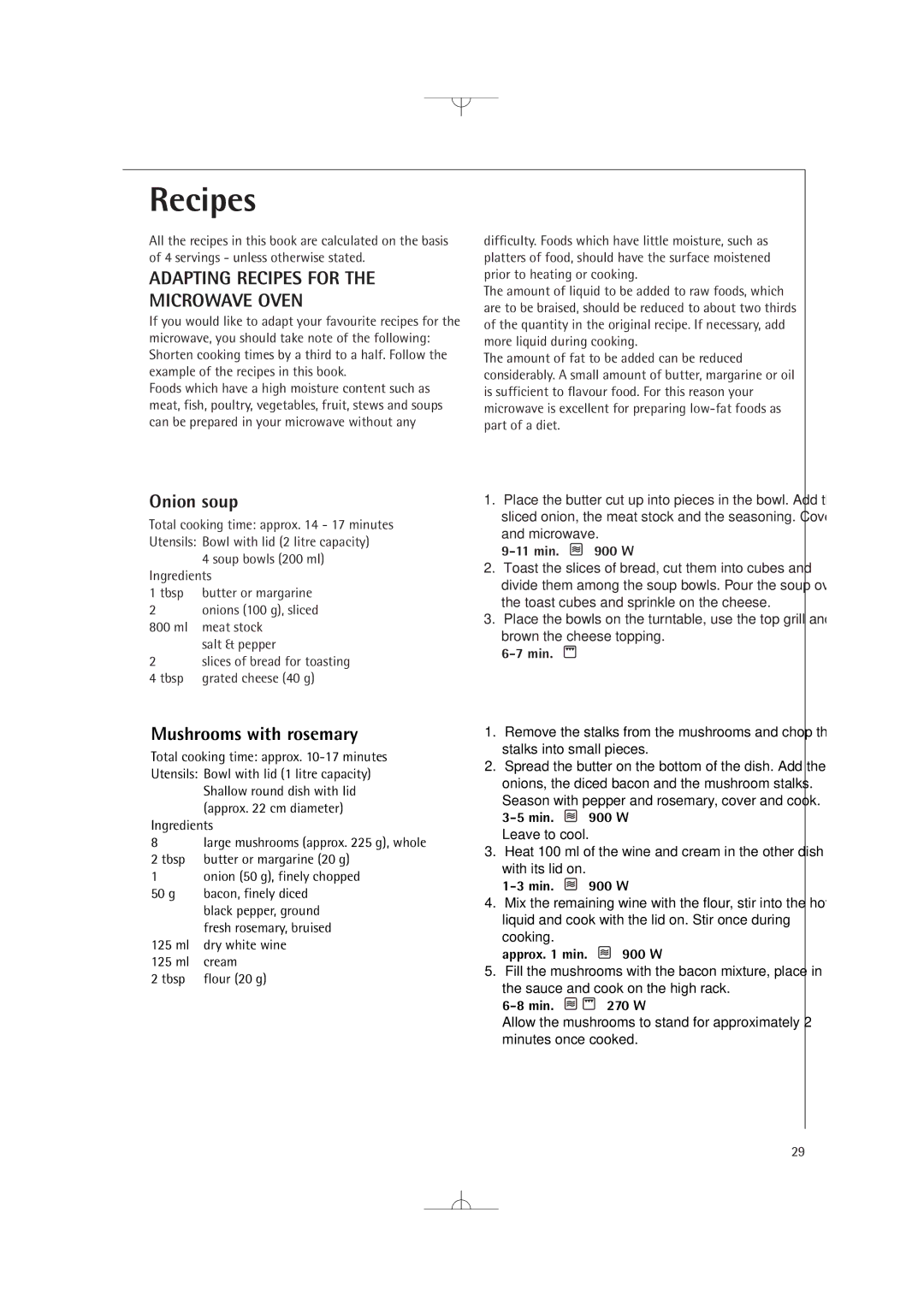 Electrolux MCD2660E manual Adapting Recipes for Microwave Oven, Onion soup, Mushrooms with rosemary 