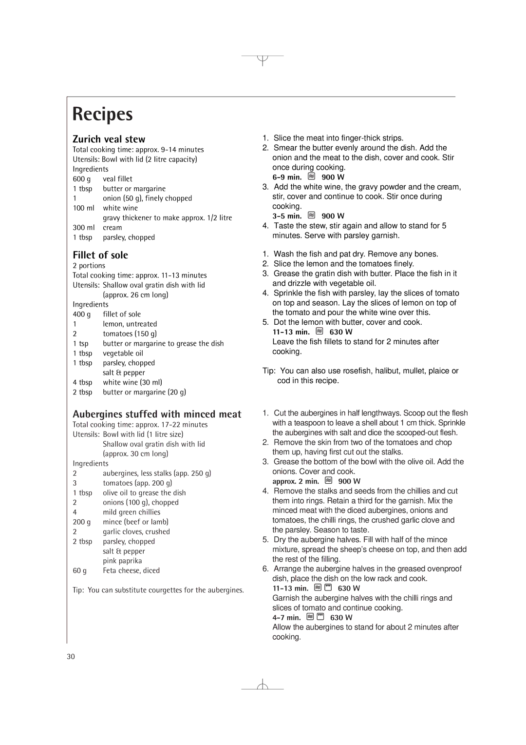 Electrolux MCD2660E manual Zurich veal stew, Fillet of sole, Aubergines stuffed with minced meat 