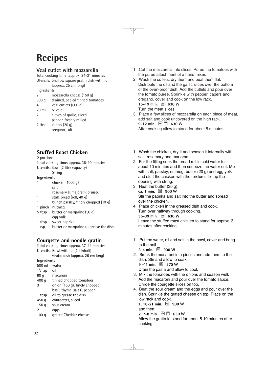 Electrolux MCD2660E manual Veal cutlet with mozzarella, Stuffed Roast Chicken, Courgette and noodle gratin, Ca min W 