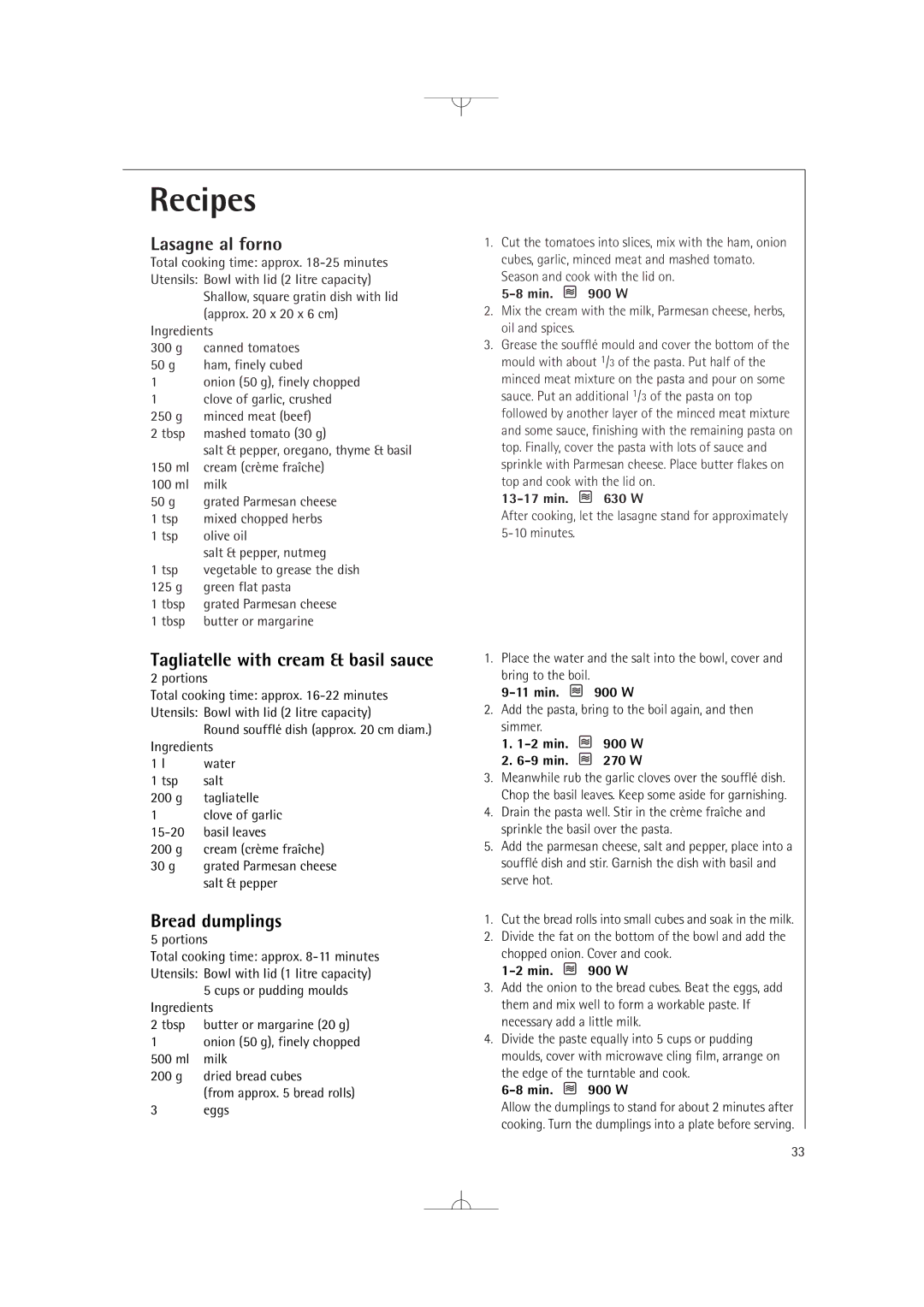 Electrolux MCD2660E manual Lasagne al forno, Tagliatelle with cream & basil sauce, Bread dumplings 