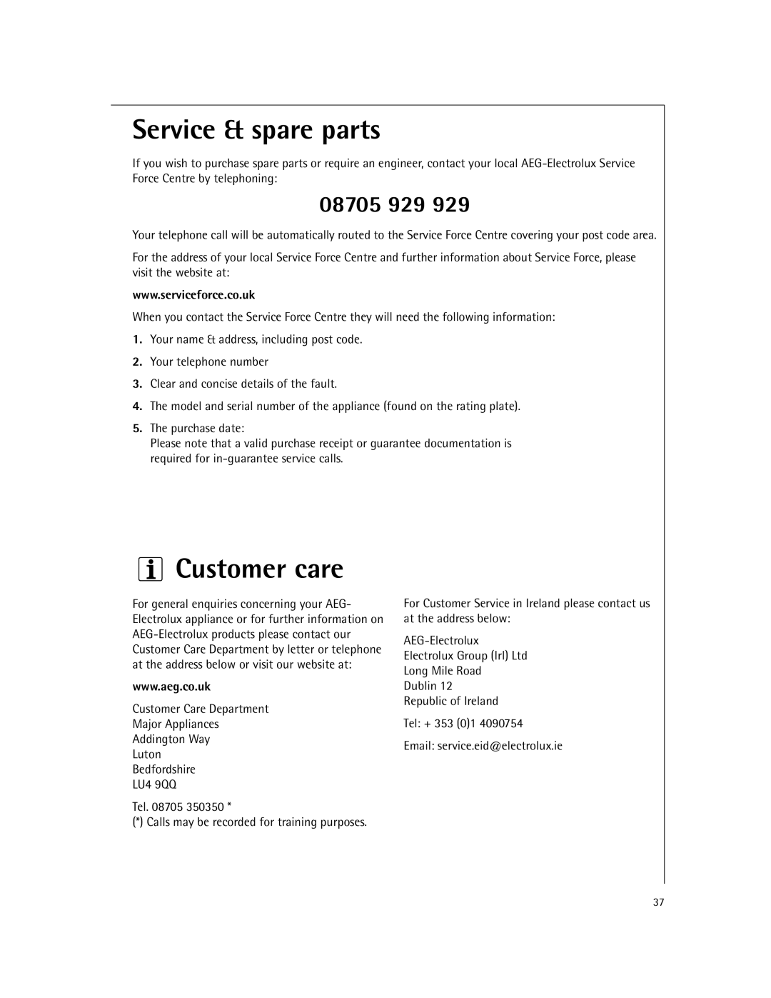 Electrolux MCD2660E manual Service & spare parts, Customer care 