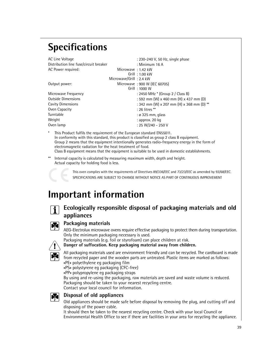 Electrolux MCD2660E manual Specifications, Important information, Packaging materials, Disposal of old appliances 