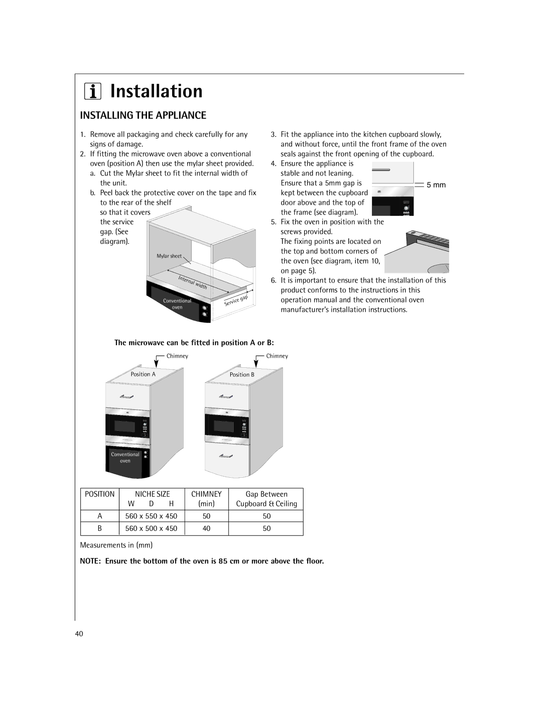 Electrolux MCD2660E manual Installation, Installing the Appliance, Microwave can be fitted in position a or B, Gap Between 