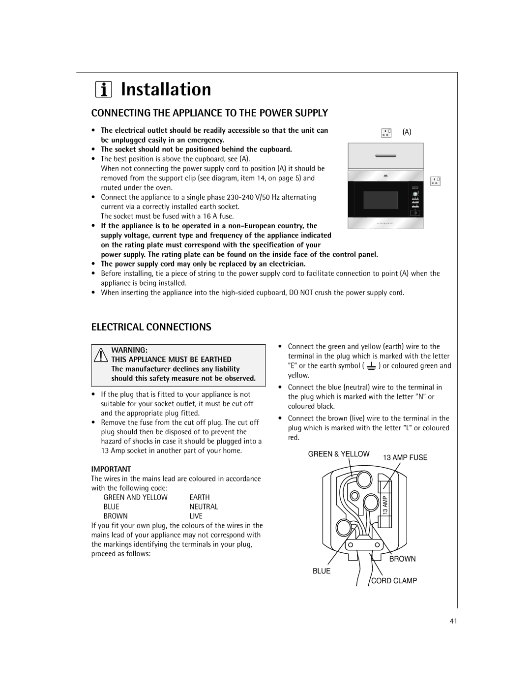 Electrolux MCD2660E manual Connecting the Appliance to the Power Supply, Electrical Connections, With the following code 